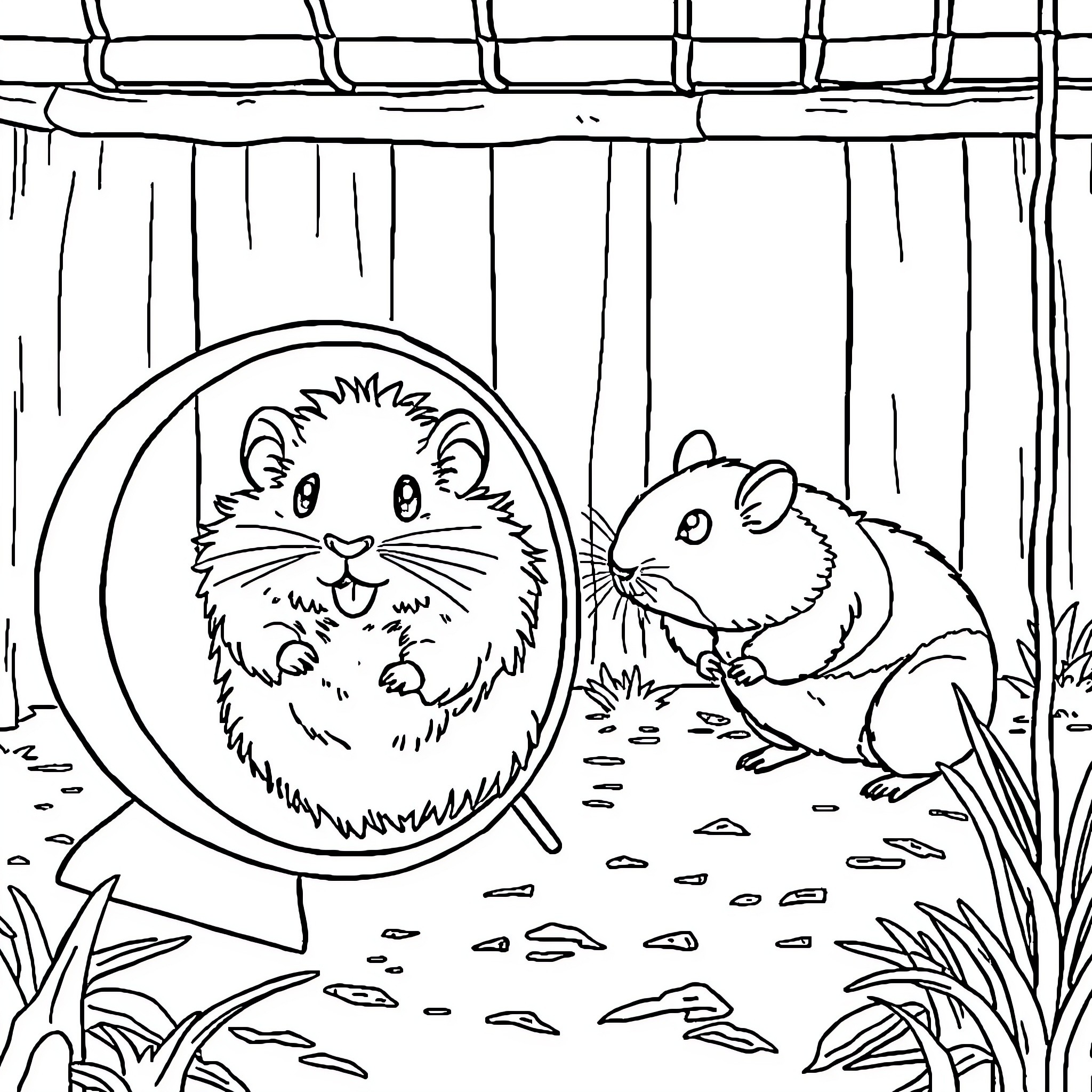 Hamsters playing in their habitat Coloring Page (free black-and-white line drawing printable PDF for all, from beginners to advanced learners, including children, teens, adults, and seniors)