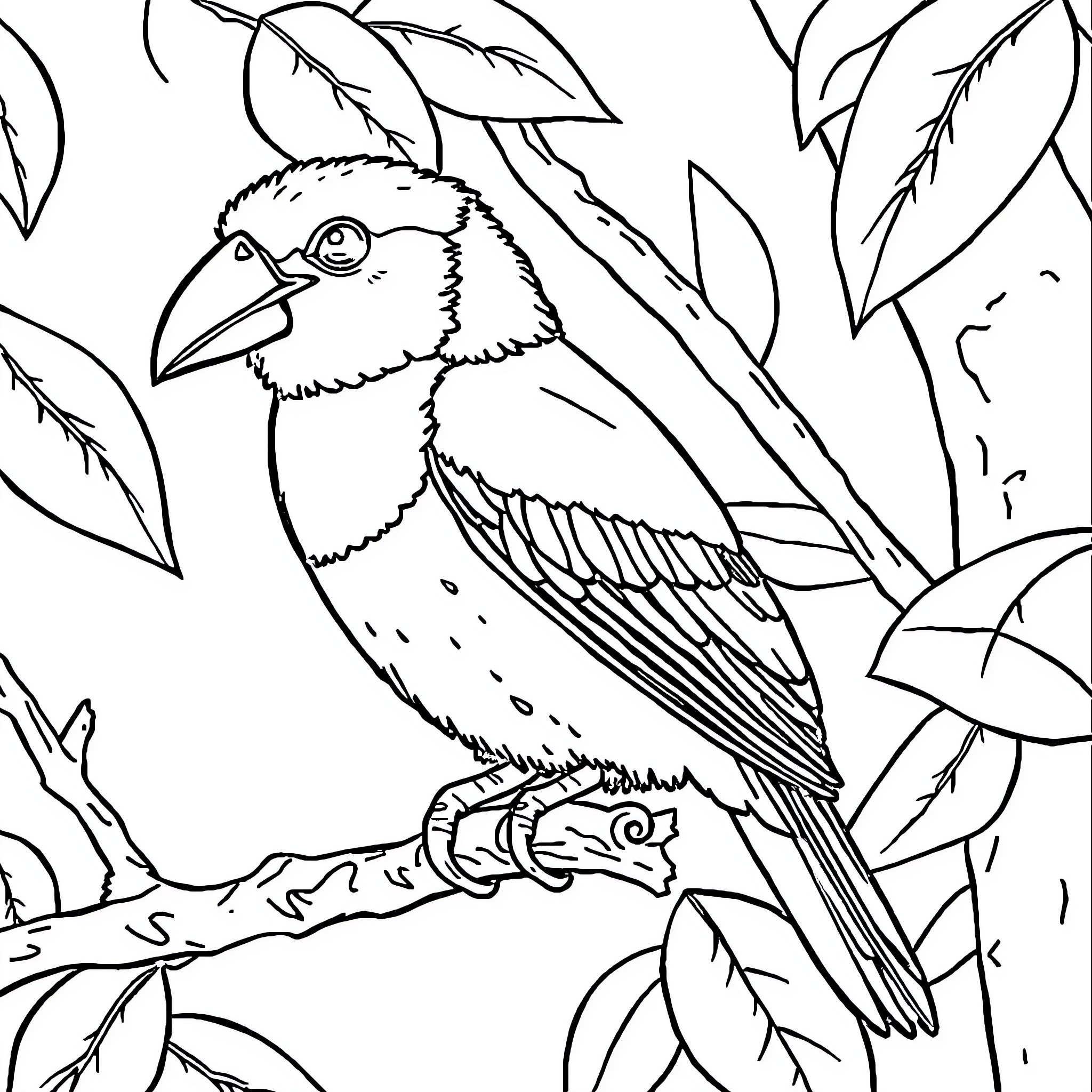 Bird perched on branch in natural setting Coloring Page (free black-and-white line drawing printable PDF for all, from beginners to advanced learners, including children, teens, adults, and seniors)