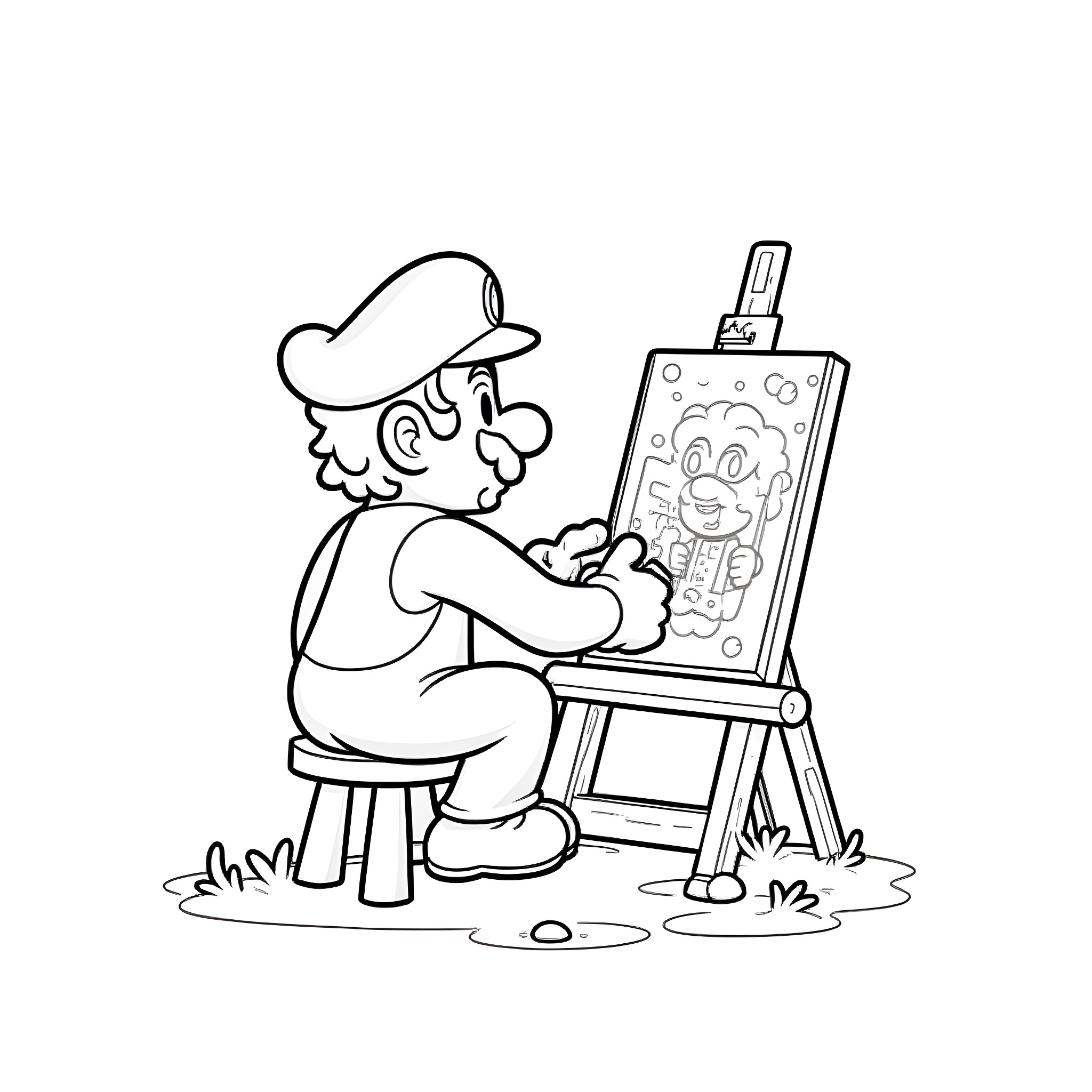 Mario Painting on an Easel Coloring Page (free black-and-white line drawing printable PDF for all, from beginners to advanced learners, including children, teens, adults, and seniors)
