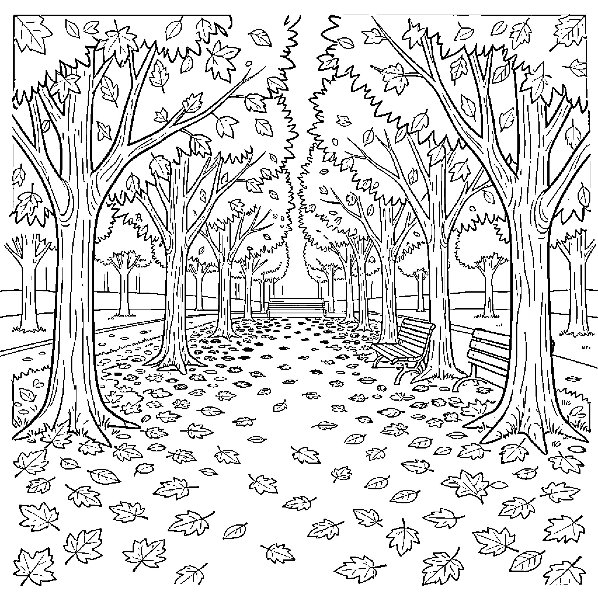 Park with Fallen Leaves and Trees Coloring Page (free black-and-white line drawing printable PDF for all, from beginners to advanced learners, including children, teens, adults, and seniors)