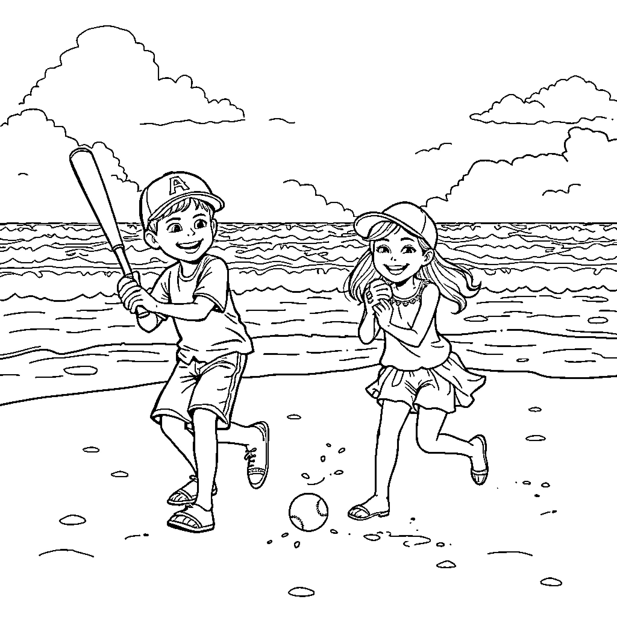 Baseball players enjoying a day at the beach Coloring Page (free black-and-white line drawing printable PDF for all, from beginners to advanced learners, including children, teens, adults, and seniors)