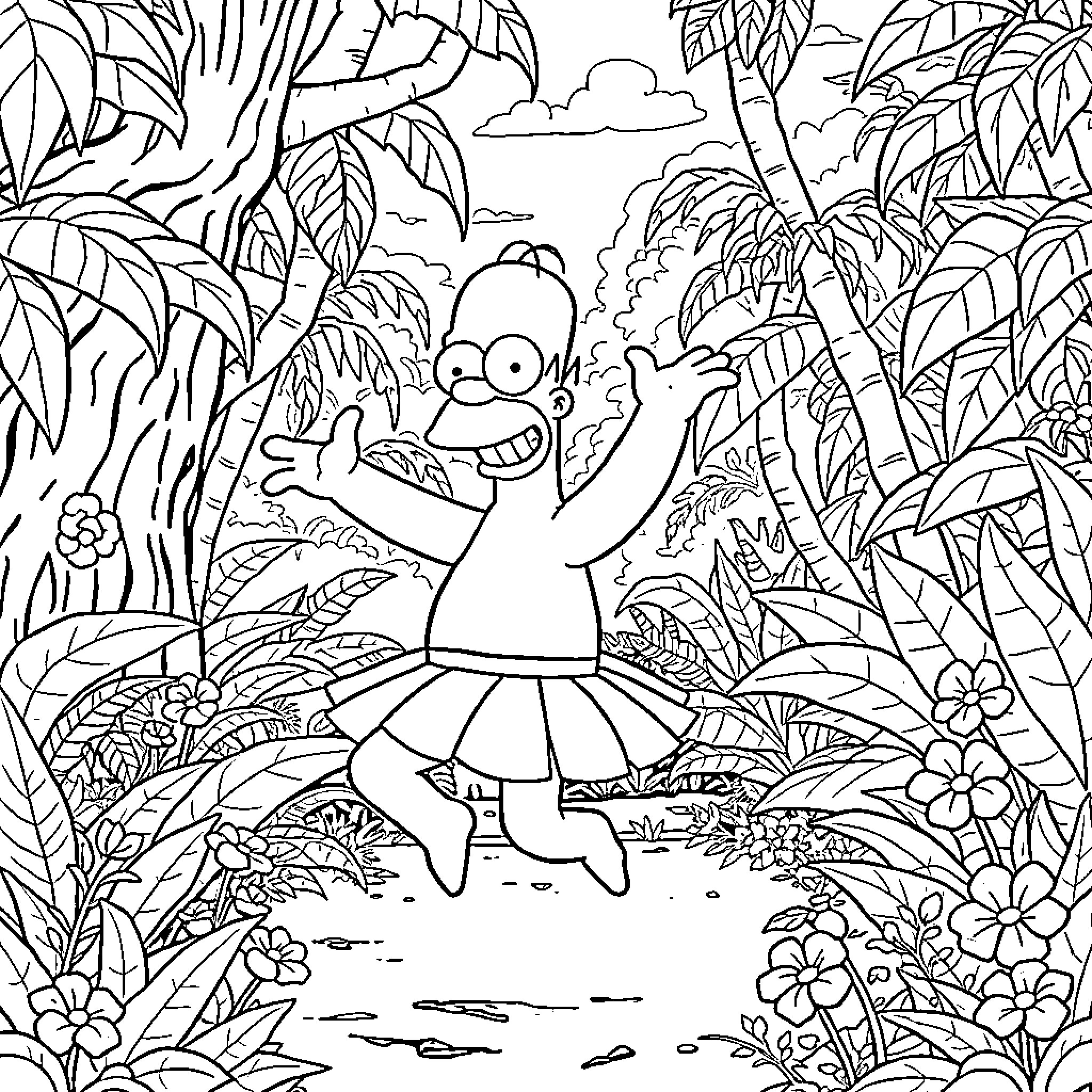 Homer Simpson exploring the jungle with excitement Coloring Page (free black-and-white line drawing printable PDF for all, from beginners to advanced learners, including children, teens, adults, and seniors)