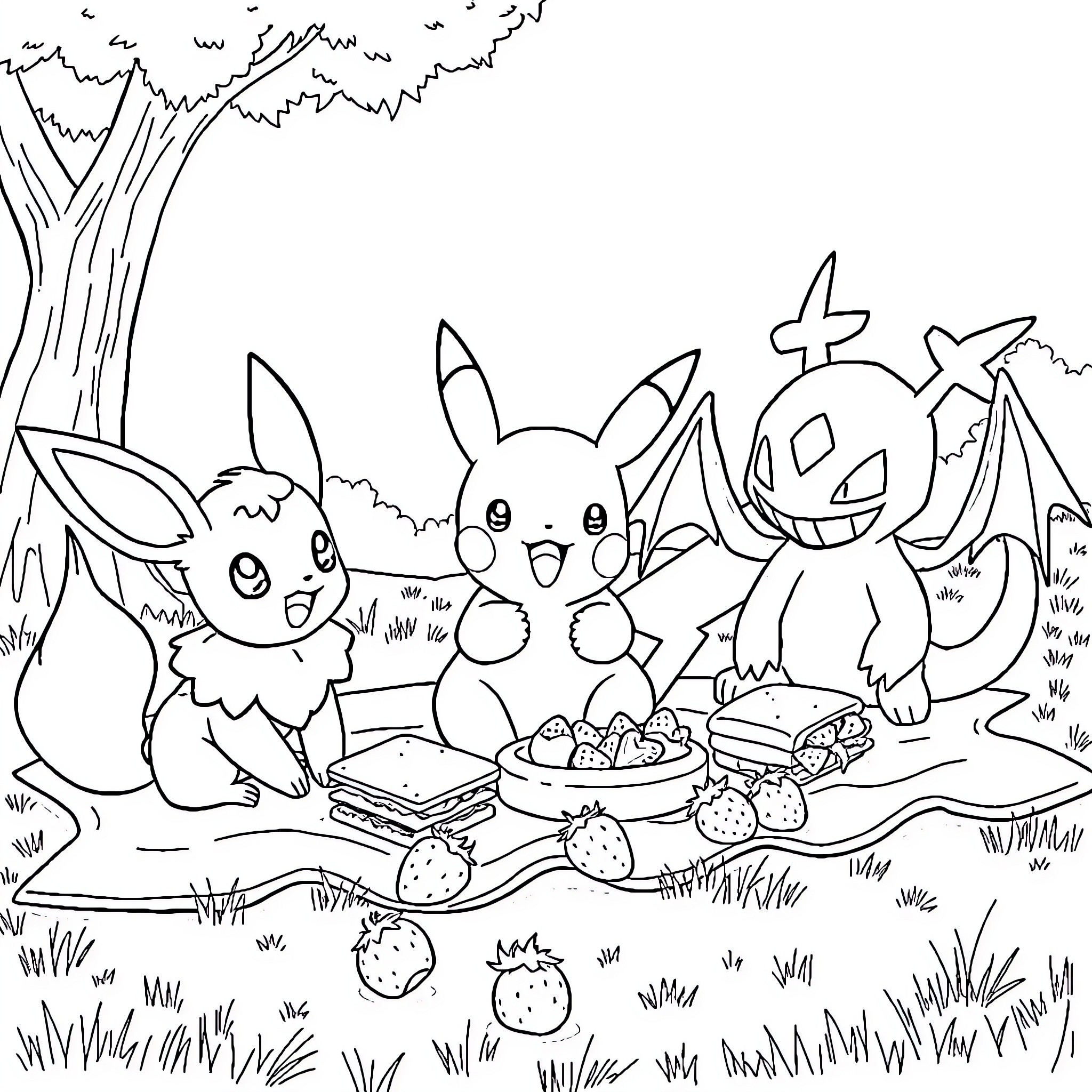 Eevee and friends enjoying a picnic in nature Coloring Page (free black-and-white line drawing printable PDF for all, from beginners to advanced learners, including children, teens, adults, and seniors)