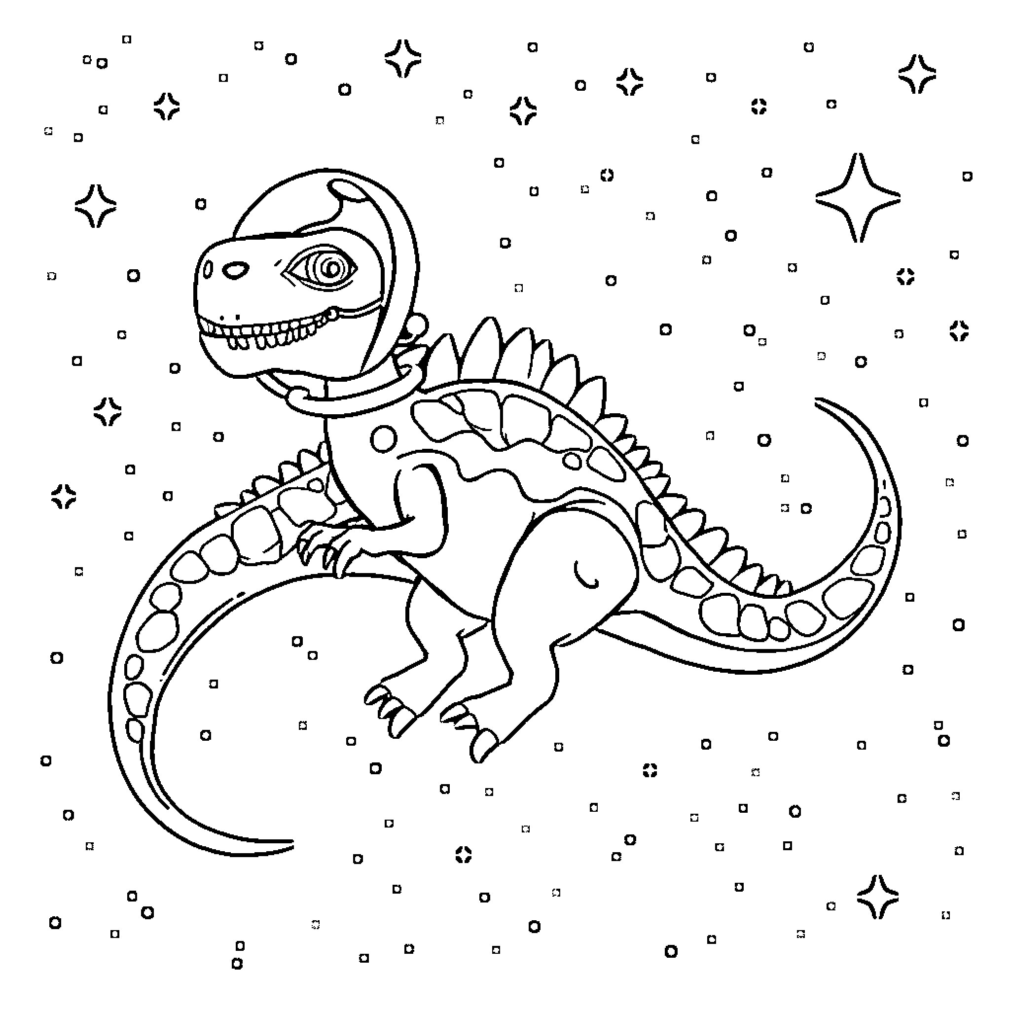 Dinosaur playing in a starry night Coloring Page (free black-and-white line drawing printable PDF for all, from beginners to advanced learners, including children, teens, adults, and seniors)