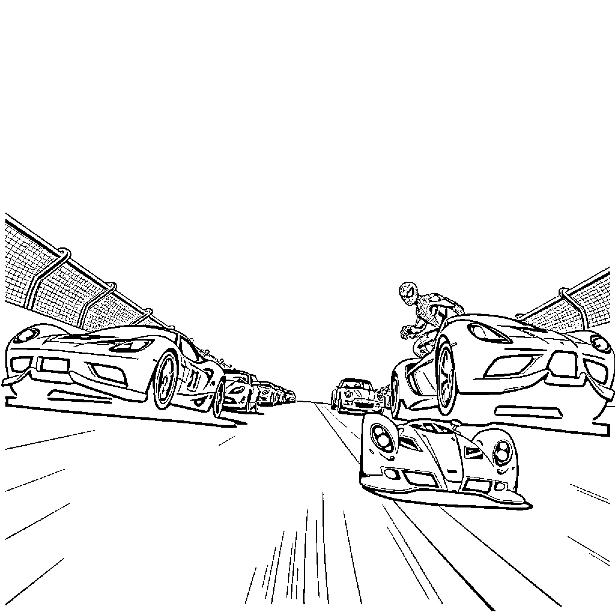 Spiderman racing against high-speed sports cars Coloring Page (free black-and-white line drawing printable PDF for all, from beginners to advanced learners, including children, teens, adults, and seniors)