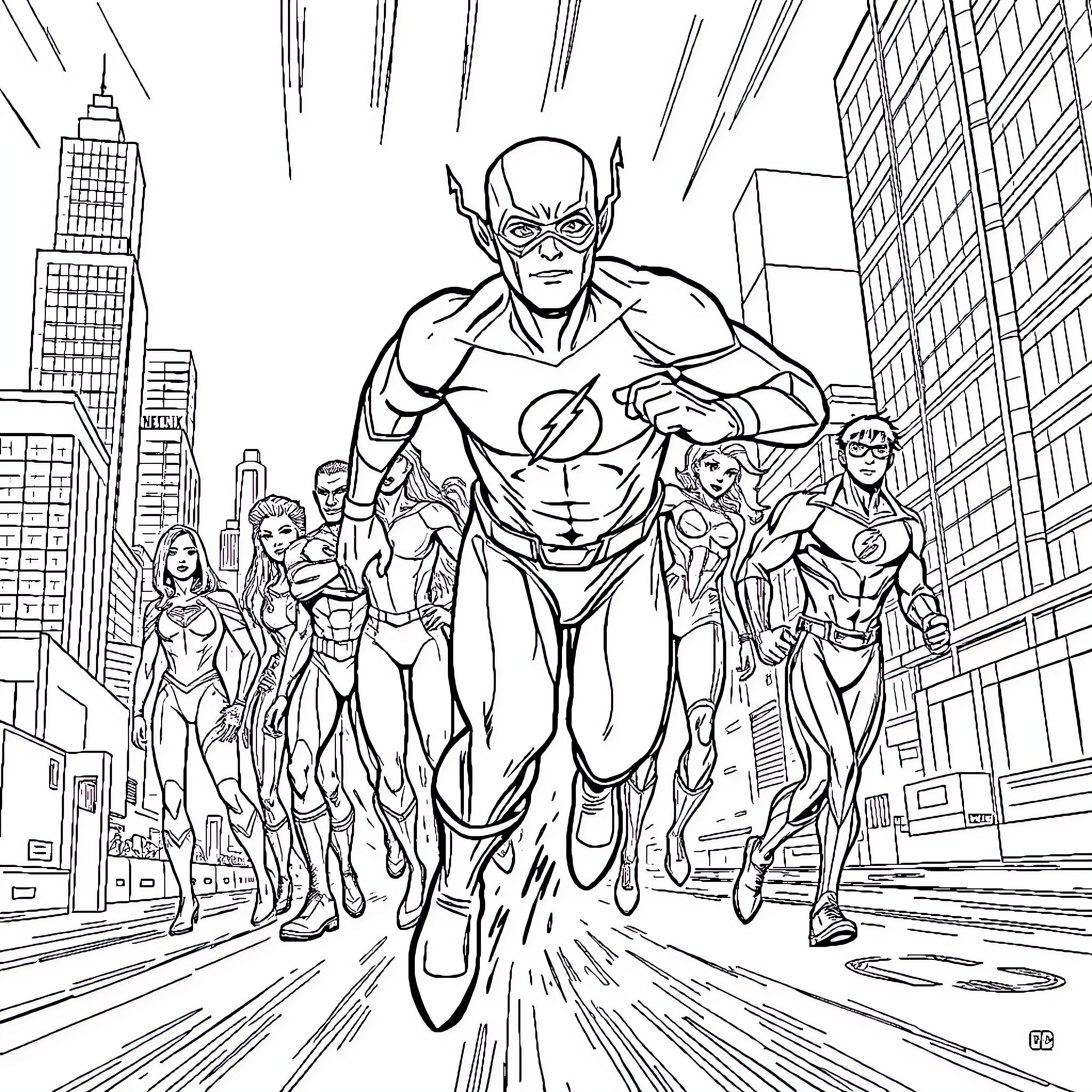 Flash Superheroes Rushing to Save the City Coloring Page (free black-and-white line drawing printable PDF for all, from beginners to advanced learners, including children, teens, adults, and seniors)