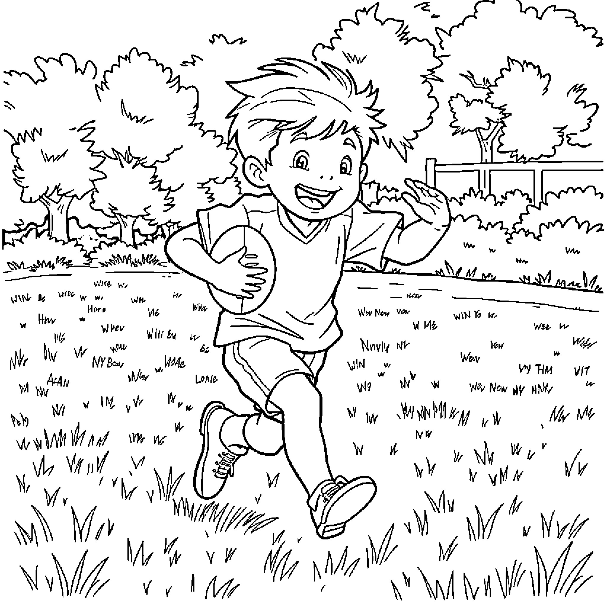 Child happily running through the park Coloring Page (free black-and-white line drawing printable PDF for all, from beginners to advanced learners, including children, teens, adults, and seniors)