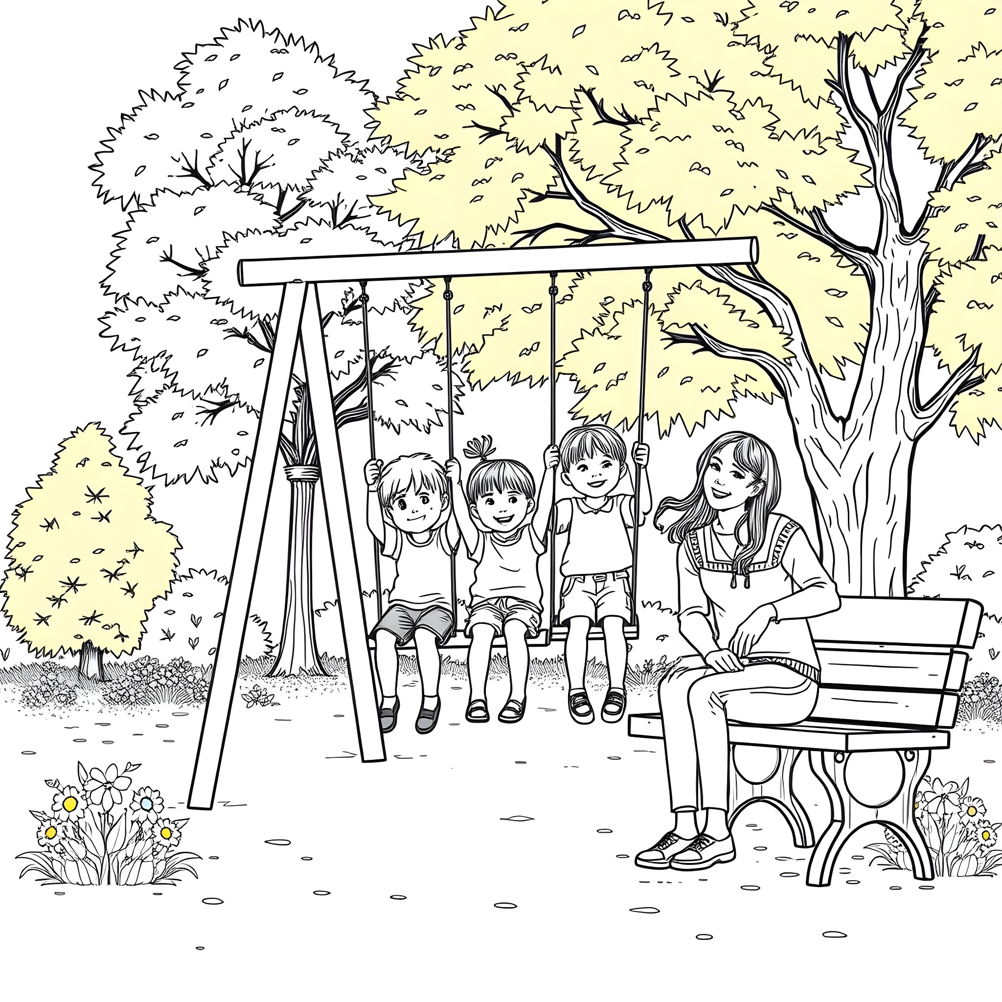 Children playing happily on swings in park Coloring Page (free black-and-white line drawing printable PDF for all, from beginners to advanced learners, including children, teens, adults, and seniors)