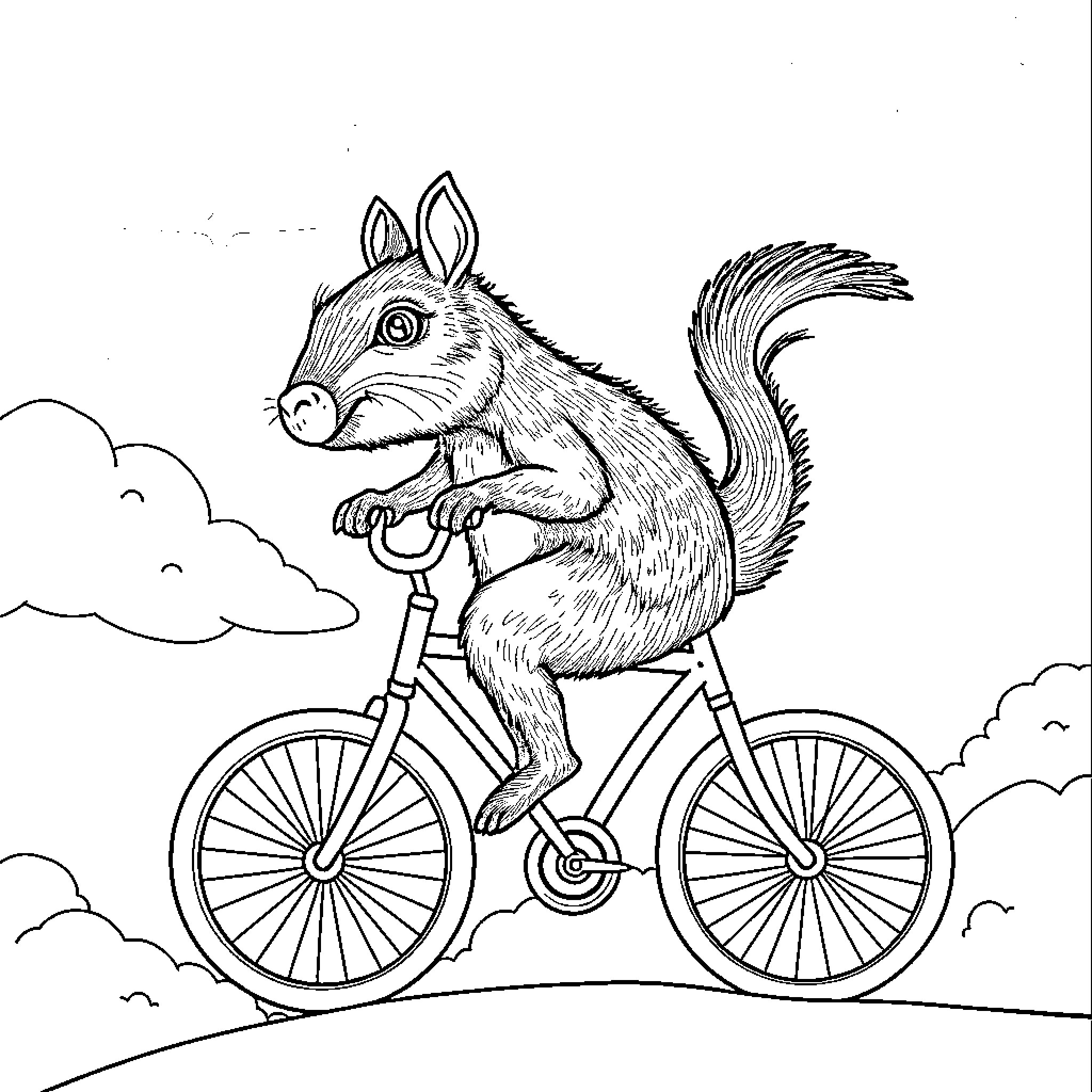 Capybara riding a bicycle in the sky Coloring Page (free black-and-white line drawing printable PDF for all, from beginners to advanced learners, including children, teens, adults, and seniors)