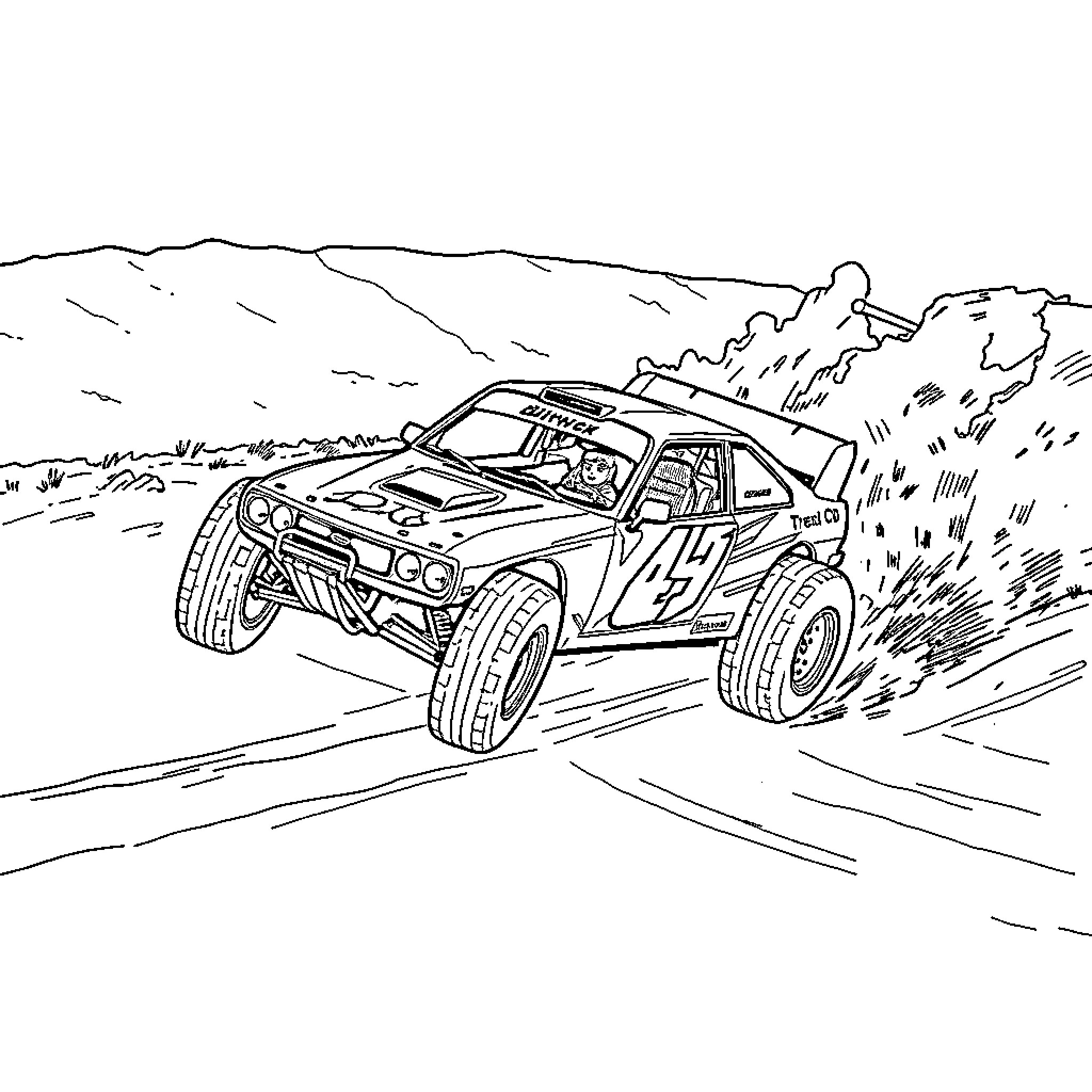 Racecar speeding through rugged terrain Coloring Page (free black-and-white line drawing printable PDF for all, from beginners to advanced learners, including children, teens, adults, and seniors)
