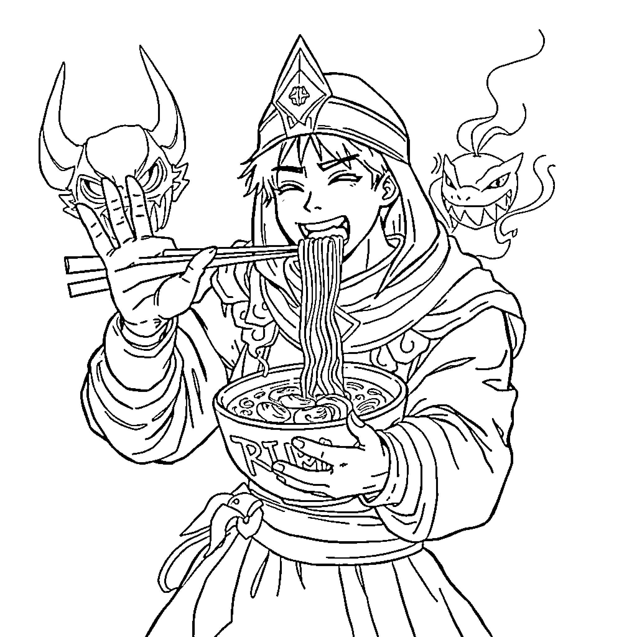 Rumi's Mischievous Culinary Delight Coloring Page (free black-and-white line drawing printable PDF for all, from beginners to advanced learners, including children, teens, adults, and seniors)