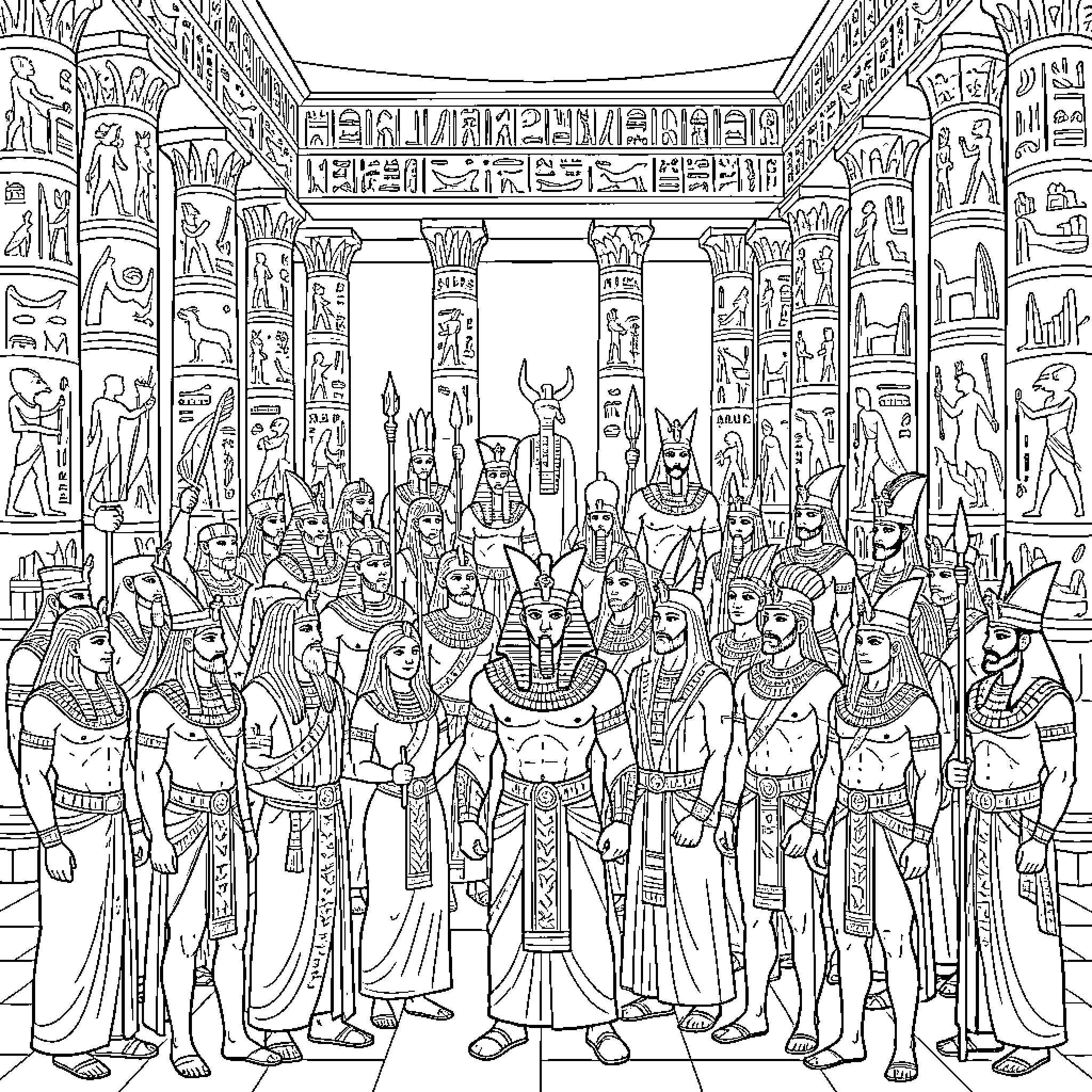 Egyptian Gods and figures standing within an ancient temple Coloring Page (free black-and-white line drawing printable PDF for all, from beginners to advanced learners, including children, teens, adults, and seniors)