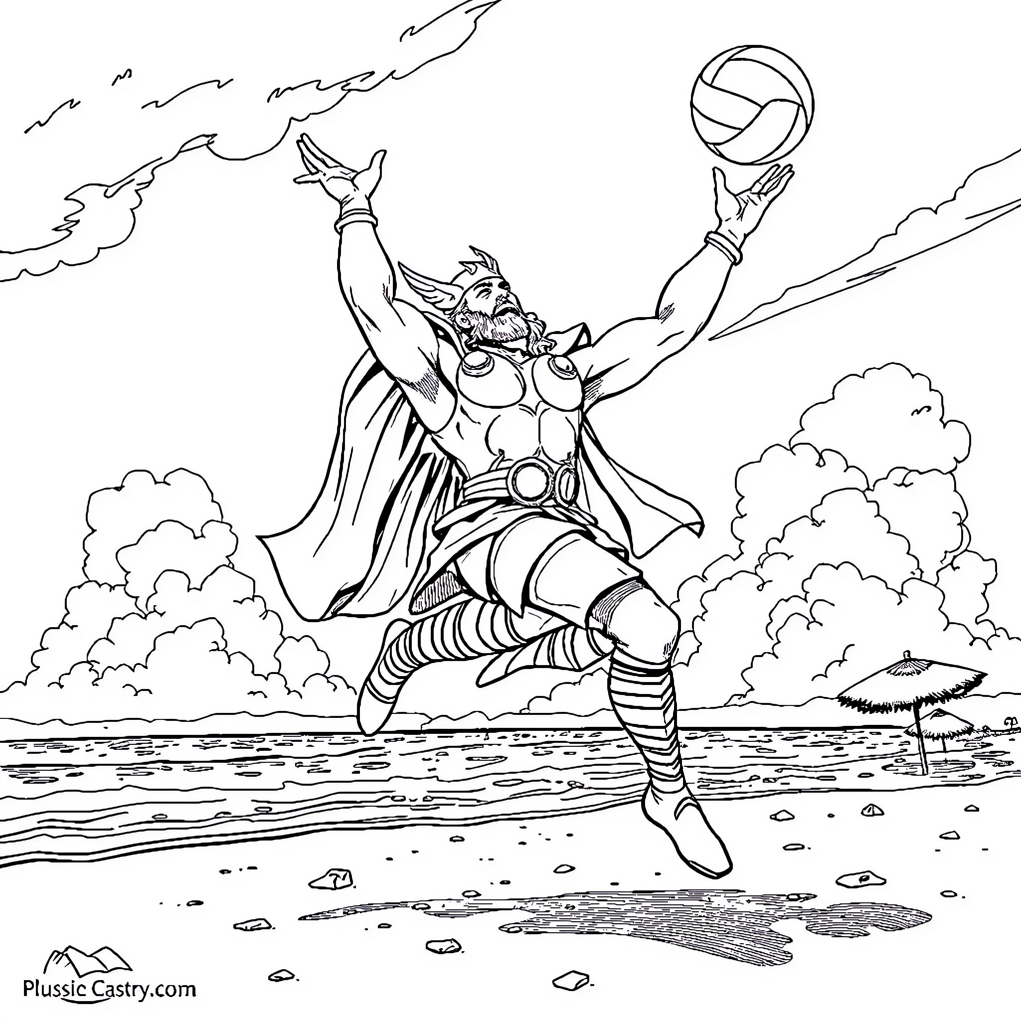 Thor's Triumphant Volley on the Beach Coloring Page (free black-and-white line drawing printable PDF for all, from beginners to advanced learners, including children, teens, adults, and seniors)
