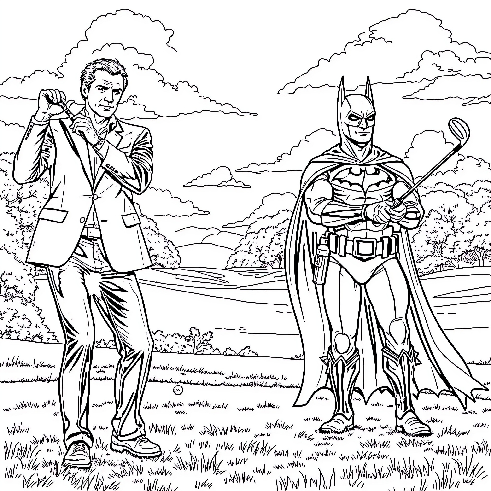 James Bond and Batman in a surreal encounter Coloring Page (free black-and-white line drawing printable PDF for all, from beginners to advanced learners, including children, teens, adults, and seniors)