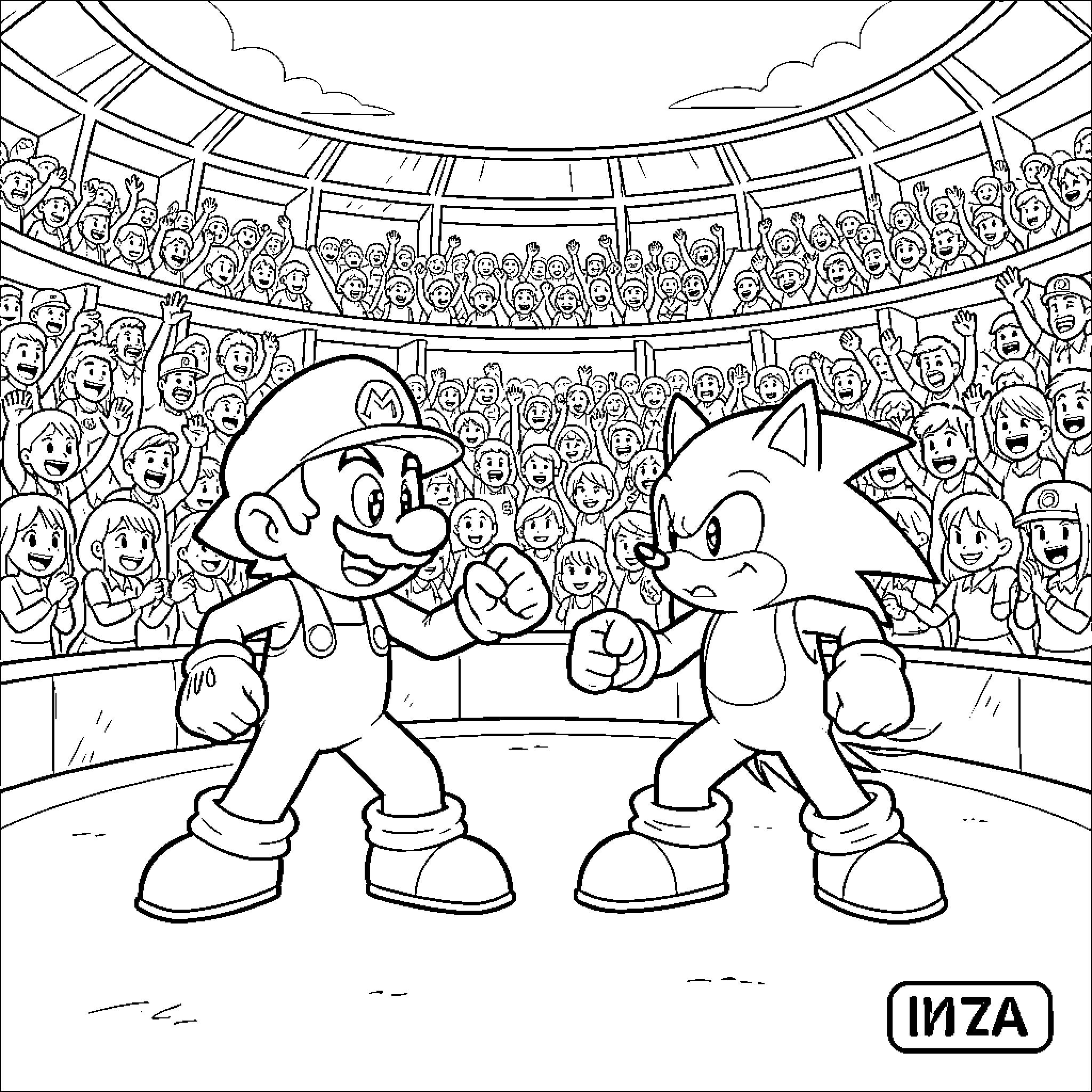 Mario and Sonic in Lively Sports Arena Coloring Page (free black-and-white line drawing printable PDF for all, from beginners to advanced learners, including children, teens, adults, and seniors)
