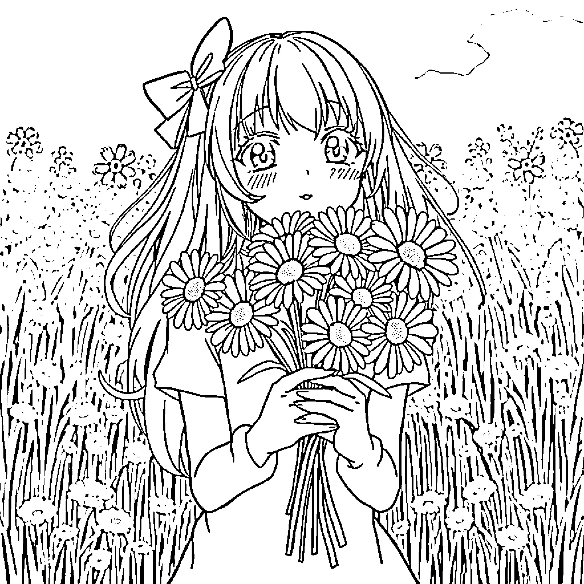 Anime Girl Holding Bouquet of Flowers in Field Coloring Page (free black-and-white line drawing printable PDF for all, from beginners to advanced learners, including children, teens, adults, and seniors)