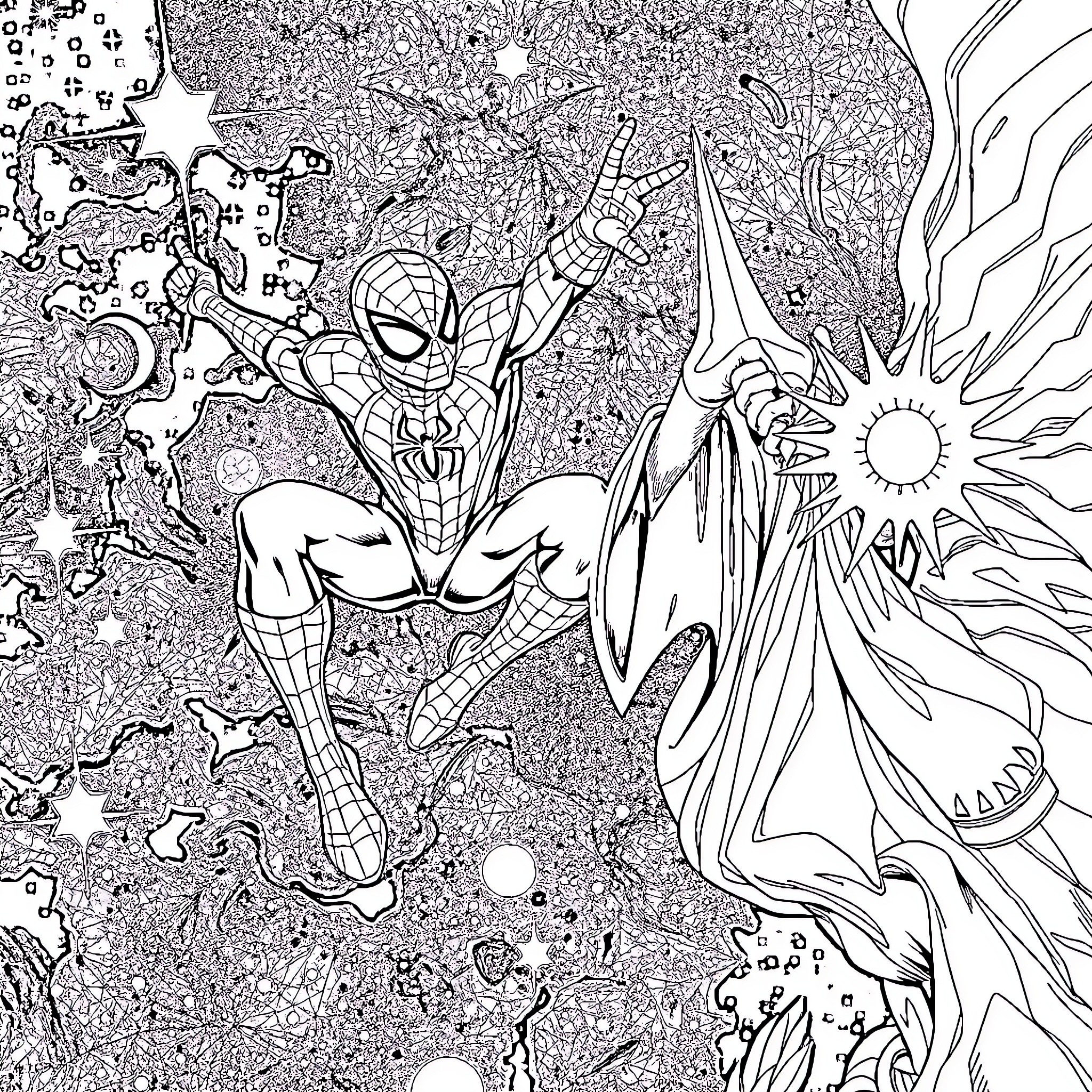 Spider-Man in Heroic Action Against Cosmic Forces Coloring Page (free black-and-white line drawing printable PDF for all, from beginners to advanced learners, including children, teens, adults, and seniors)