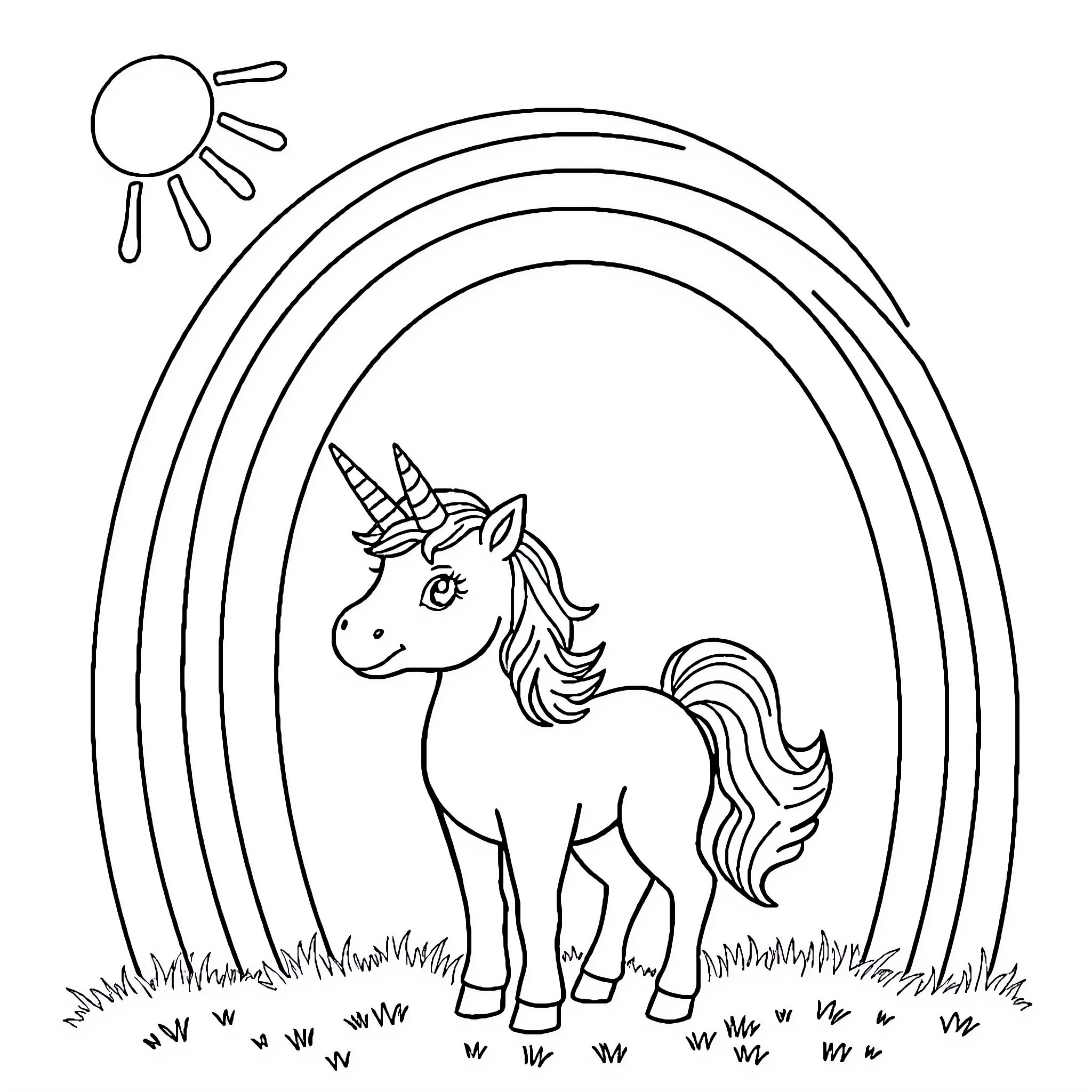 Unicorn standing in a grassy field under the sun Coloring Page (free black-and-white line drawing printable PDF for all, from beginners to advanced learners, including children, teens, adults, and seniors)