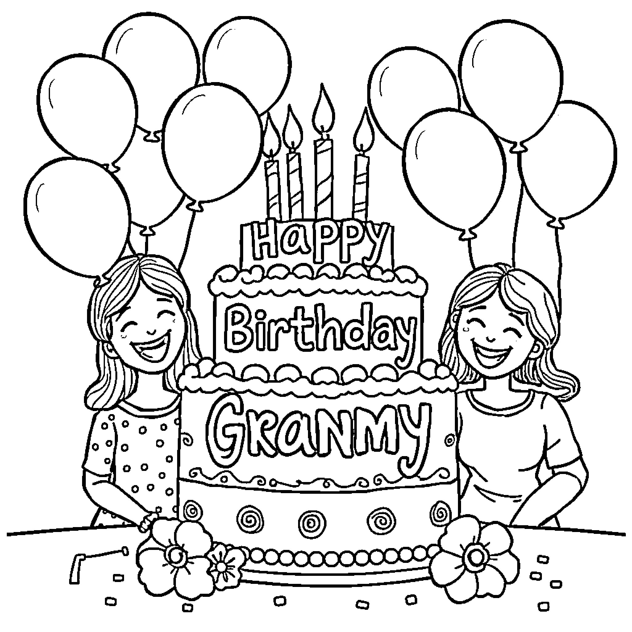 Birthday celebration with cake and balloons Coloring Page (free black-and-white line drawing printable PDF for all, from beginners to advanced learners, including children, teens, adults, and seniors)