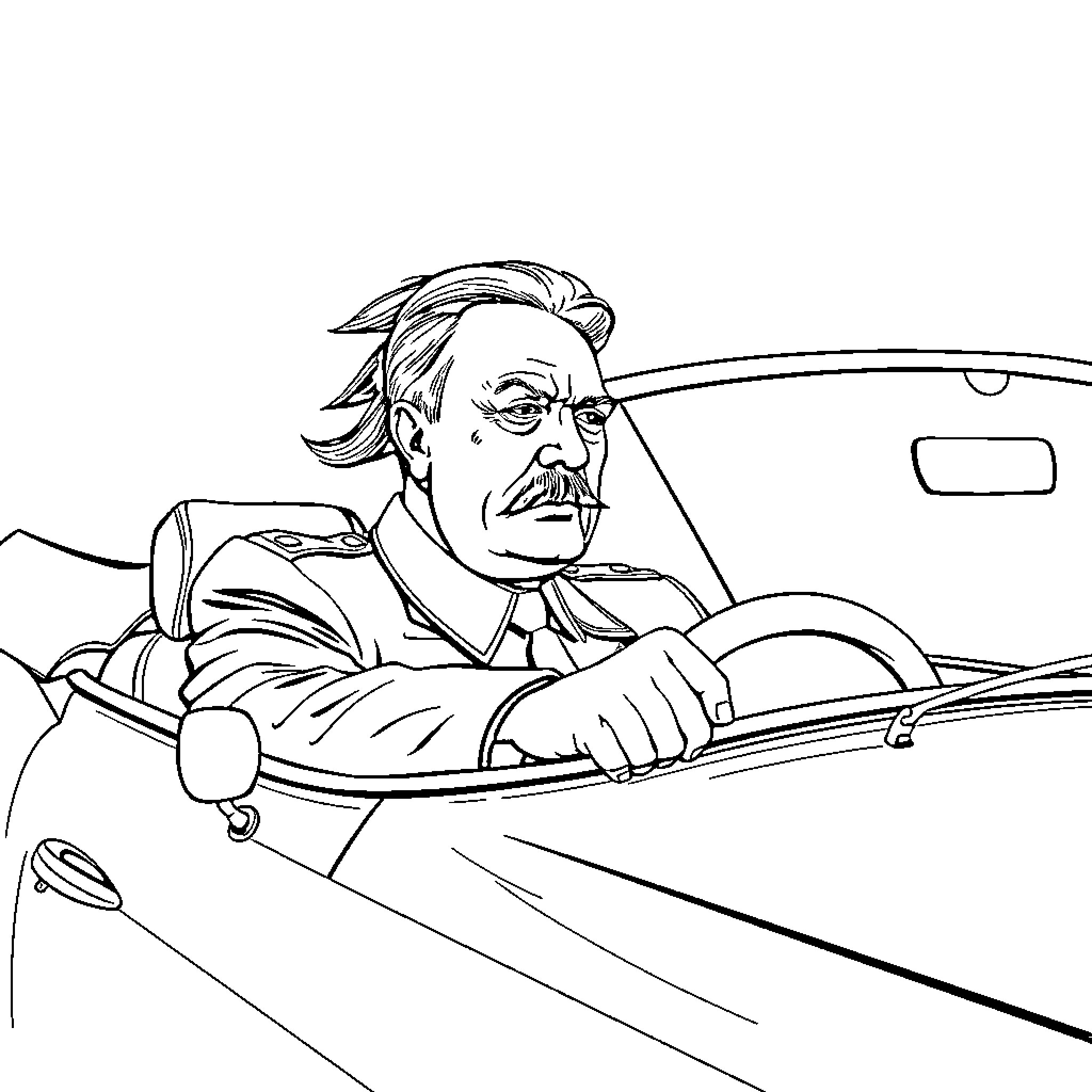 Adolf Hitler Driving an Automobile Coloring Page (free black-and-white line drawing printable PDF for all, from beginners to advanced learners, including children, teens, adults, and seniors)