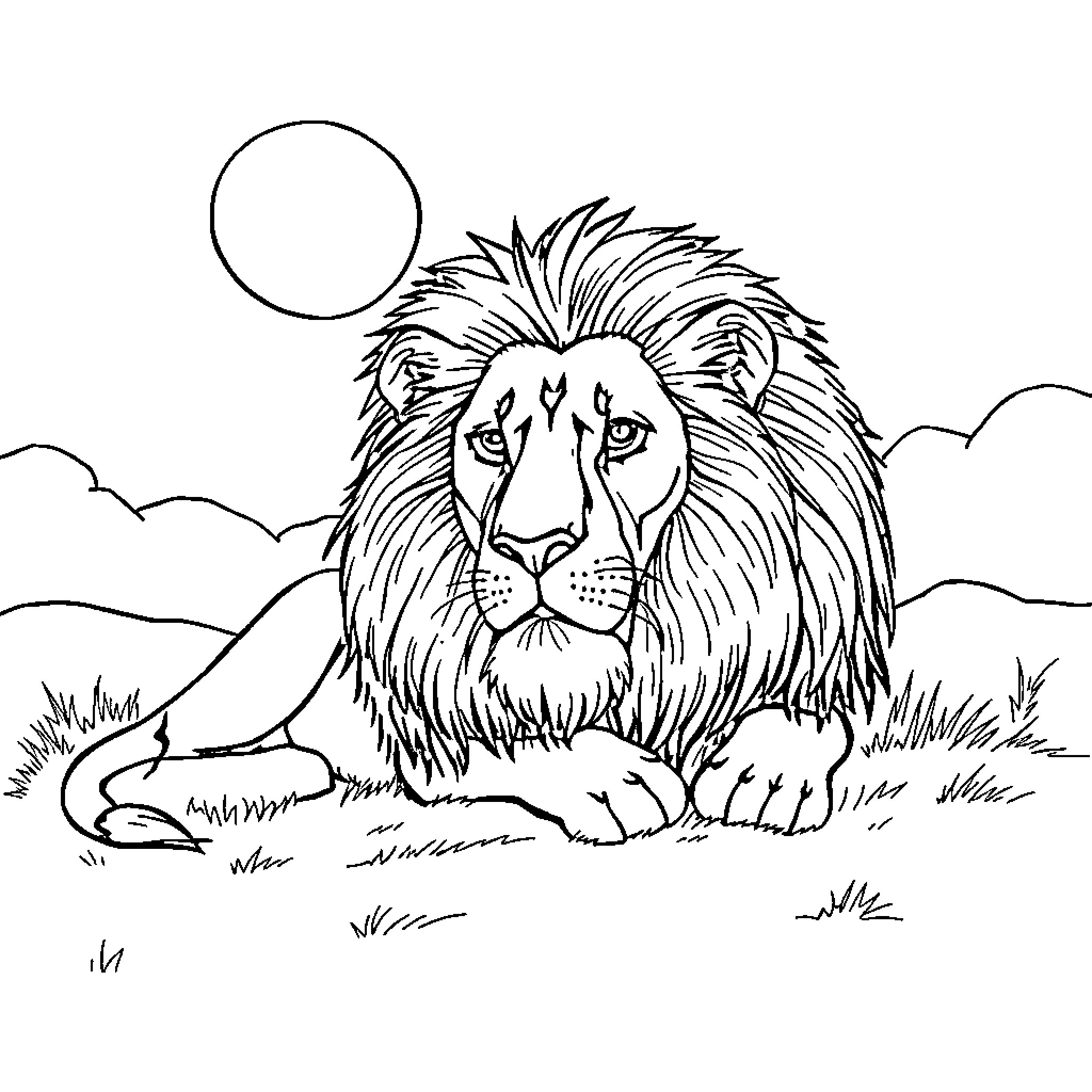 Lion resting in the wild landscape Coloring Page (free black-and-white line drawing printable PDF for all, from beginners to advanced learners, including children, teens, adults, and seniors)
