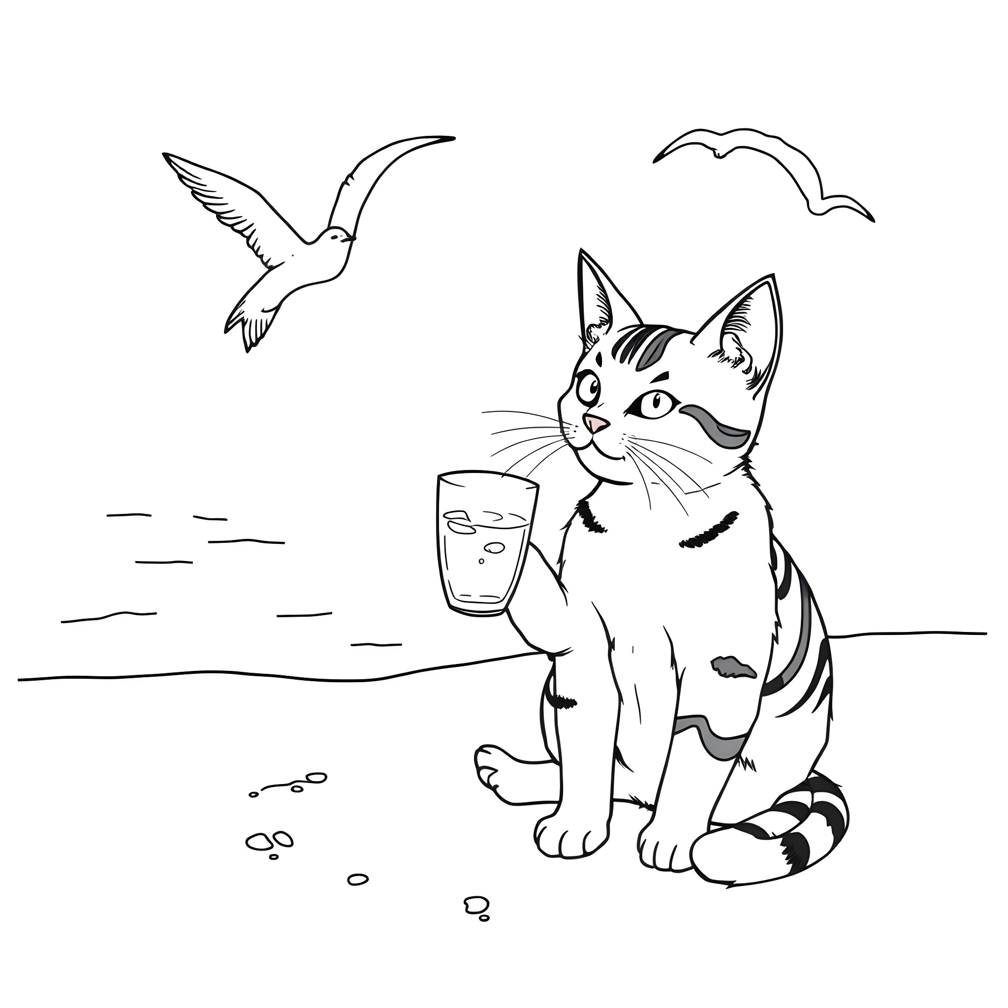 Cat enjoying a summer day by the beach Coloring Page (free black-and-white line drawing printable PDF for all, from beginners to advanced learners, including children, teens, adults, and seniors)