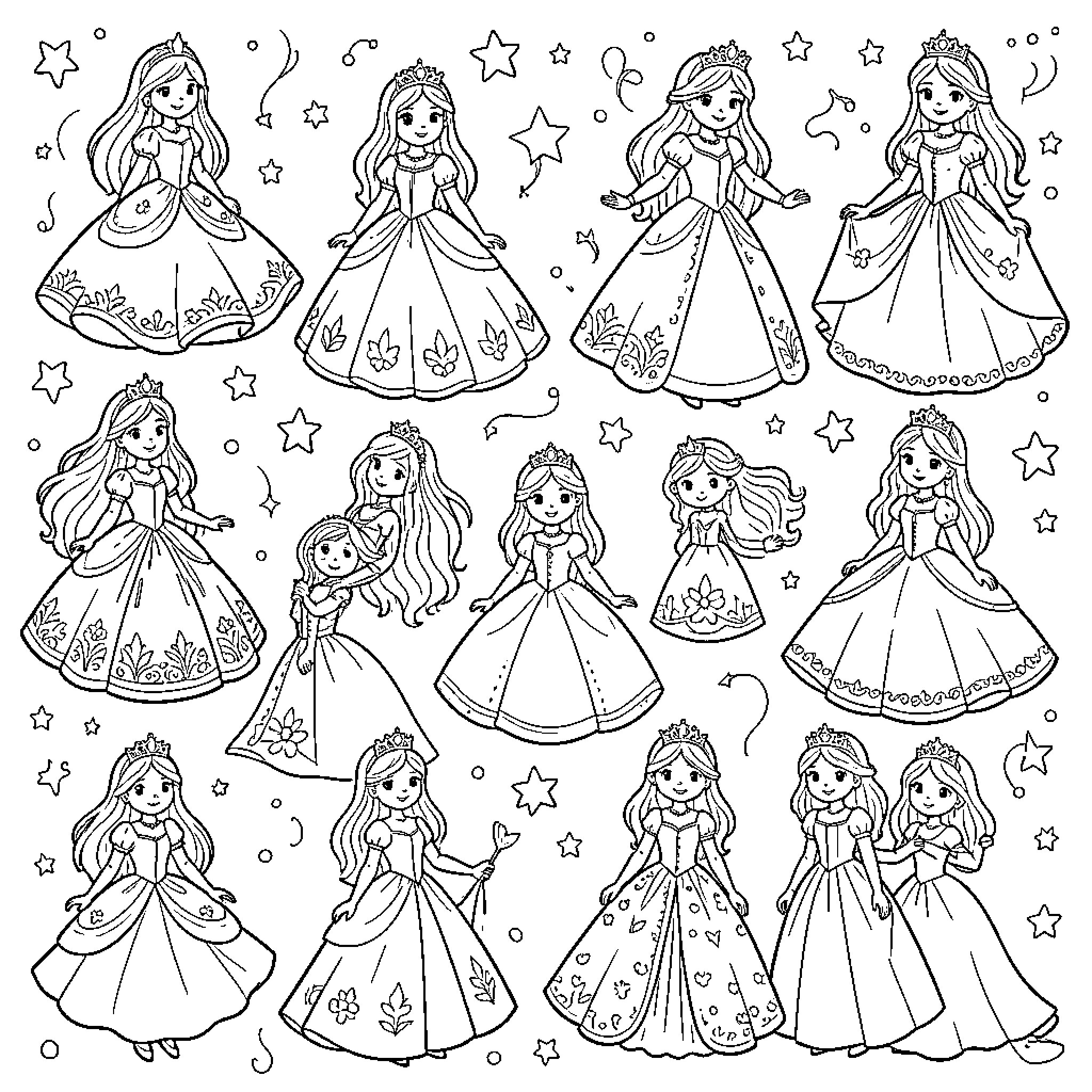 Princess Dresses, Crowns and Scenes Coloring Page (free black-and-white line drawing printable PDF for all, from beginners to advanced learners, including children, teens, adults, and seniors)