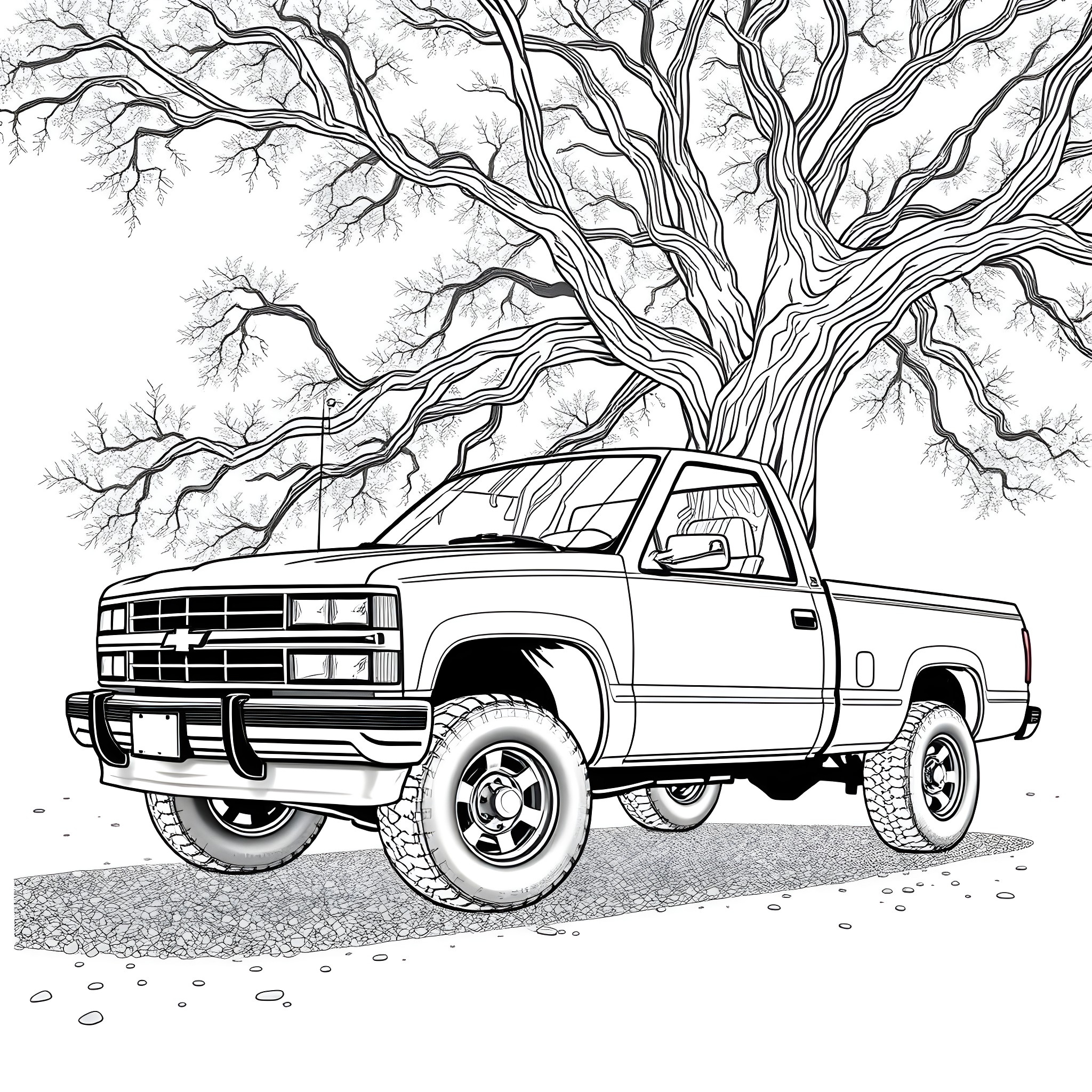 Chevy Pickup Truck in Barren Landscape Coloring Page (free black-and-white line drawing printable PDF for all, from beginners to advanced learners, including children, teens, adults, and seniors)