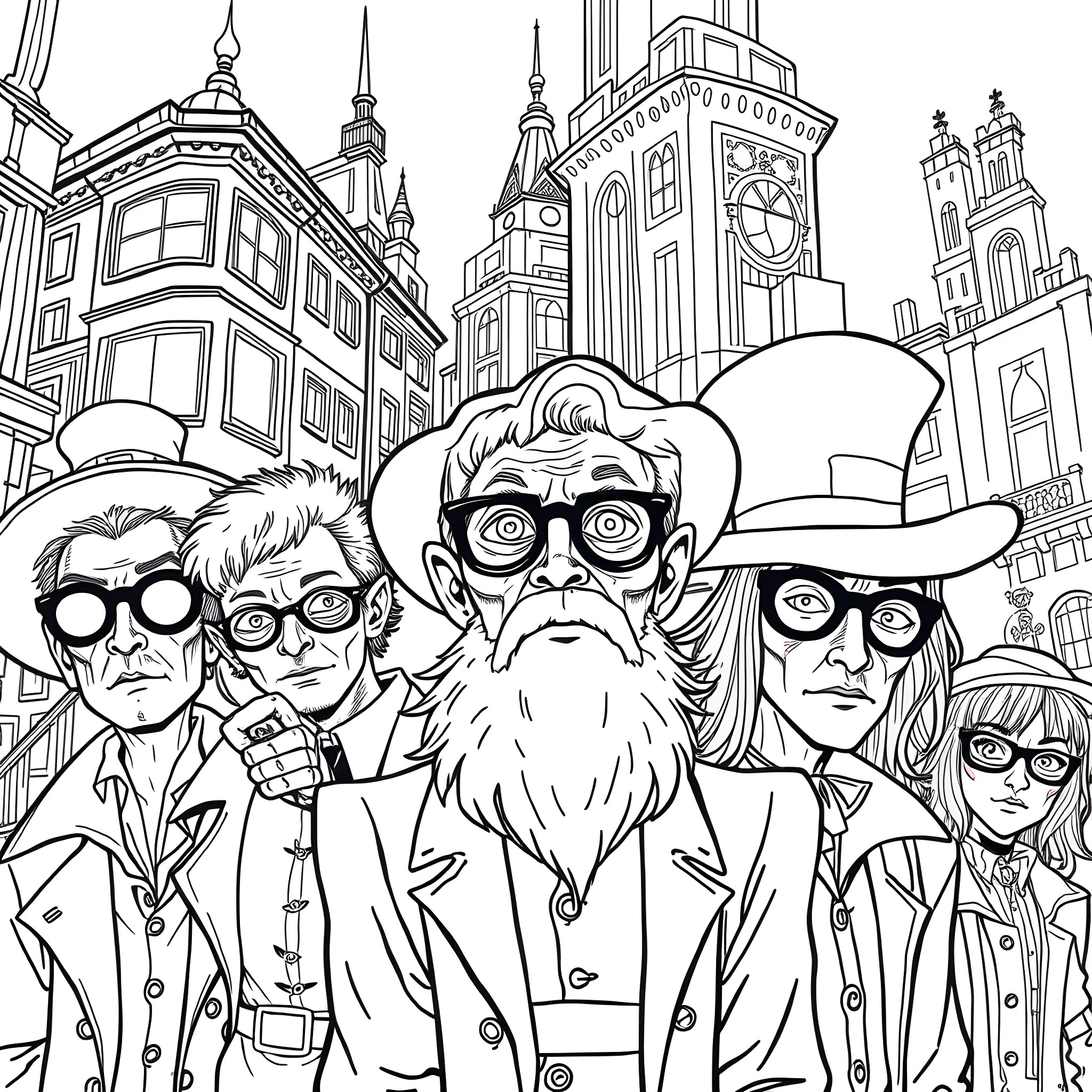 Person in Suits Looking at Cityscape with Towers Coloring Page (free black-and-white line drawing printable PDF for all, from beginners to advanced learners, including children, teens, adults, and seniors)