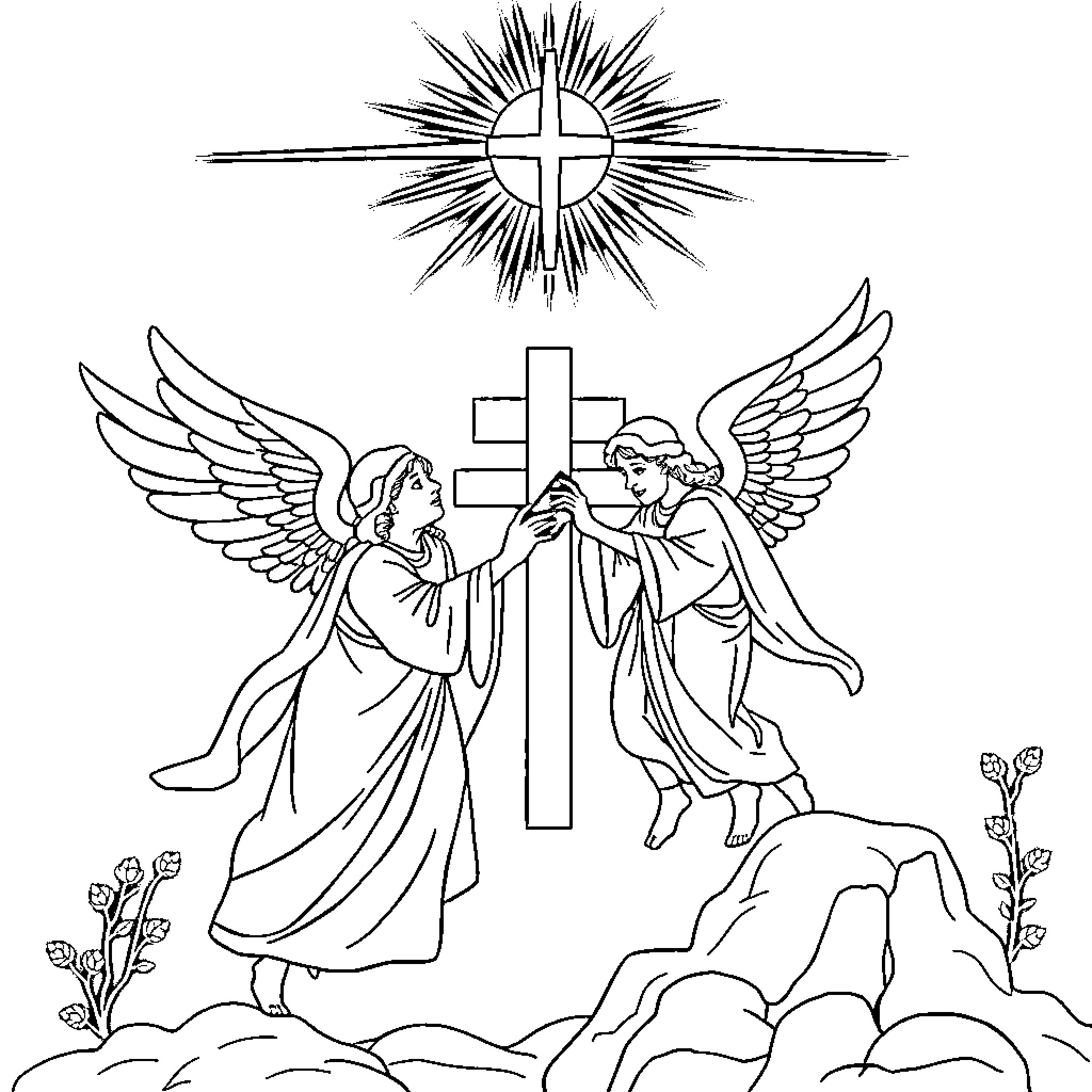 Religious figures and symbols in a spiritual scene Coloring Page (free black-and-white line drawing printable PDF for all, from beginners to advanced learners, including children, teens, adults, and seniors)