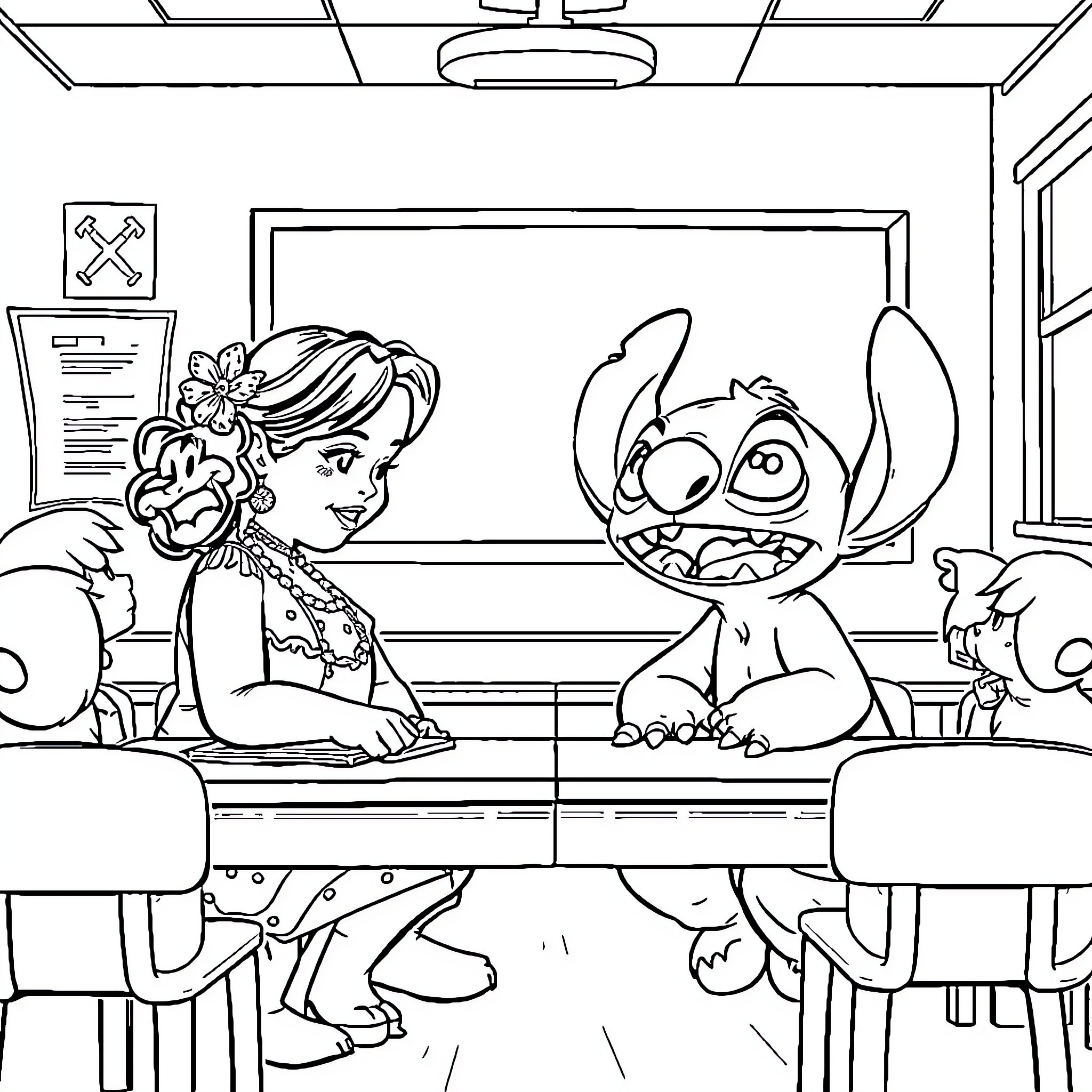 Lilo And Stitch playing together in the classroom Coloring Page (free black-and-white line drawing printable PDF for all, from beginners to advanced learners, including children, teens, adults, and seniors)