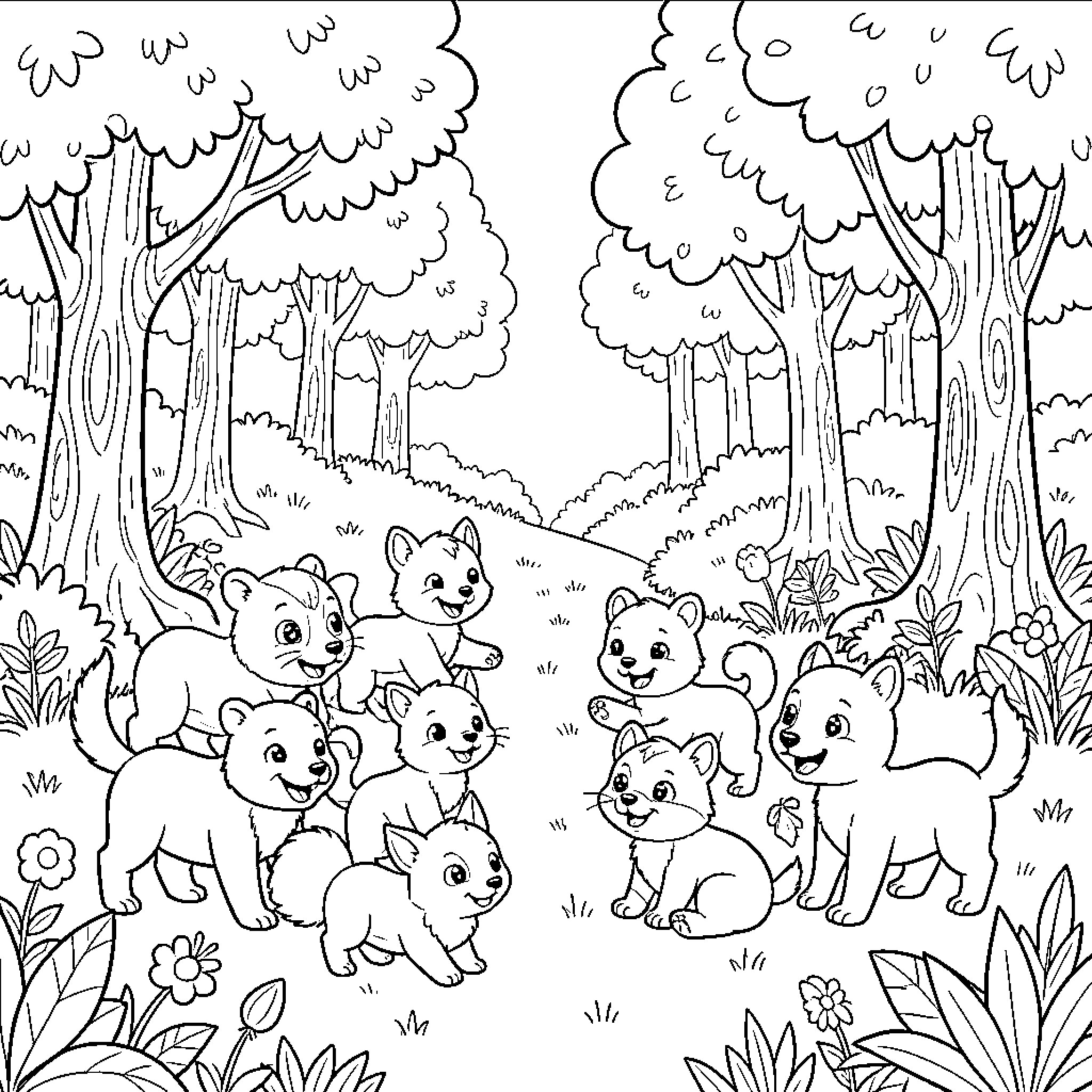 Animal group of cute cubs playing in the forest Coloring Page (free black-and-white line drawing printable PDF for all, from beginners to advanced learners, including children, teens, adults, and seniors)