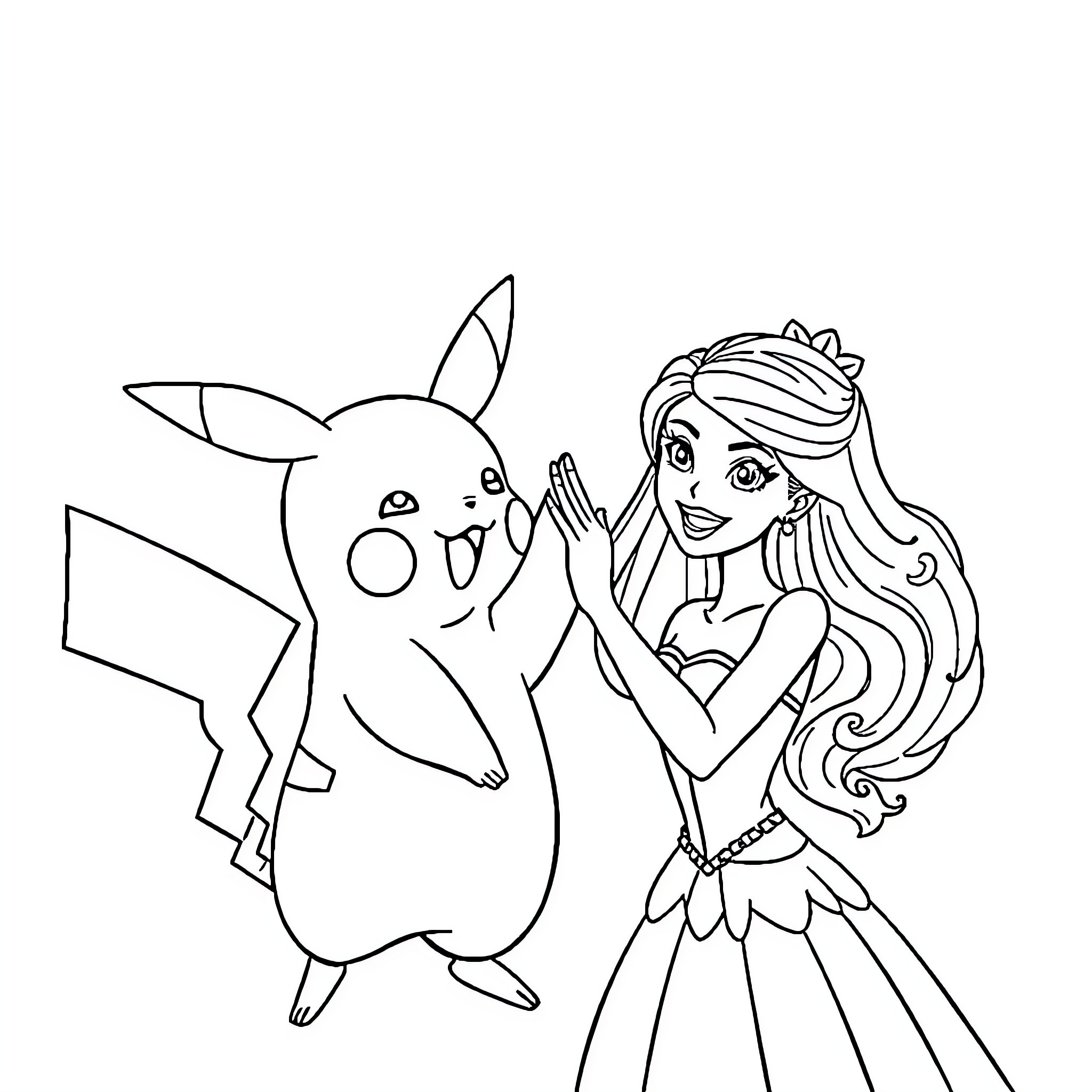 Pikachu playing with a princess Coloring Page (free black-and-white line drawing printable PDF for all, from beginners to advanced learners, including children, teens, adults, and seniors)