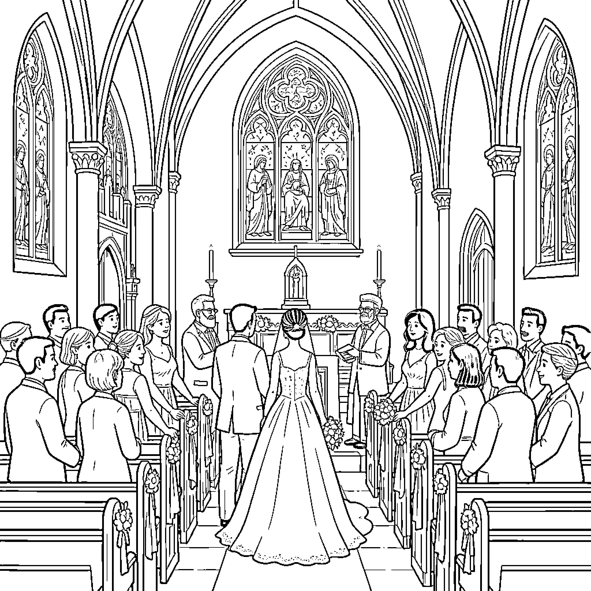 Marriage ceremony taking place inside a grand church Coloring Page (free black-and-white line drawing printable PDF for all, from beginners to advanced learners, including children, teens, adults, and seniors)