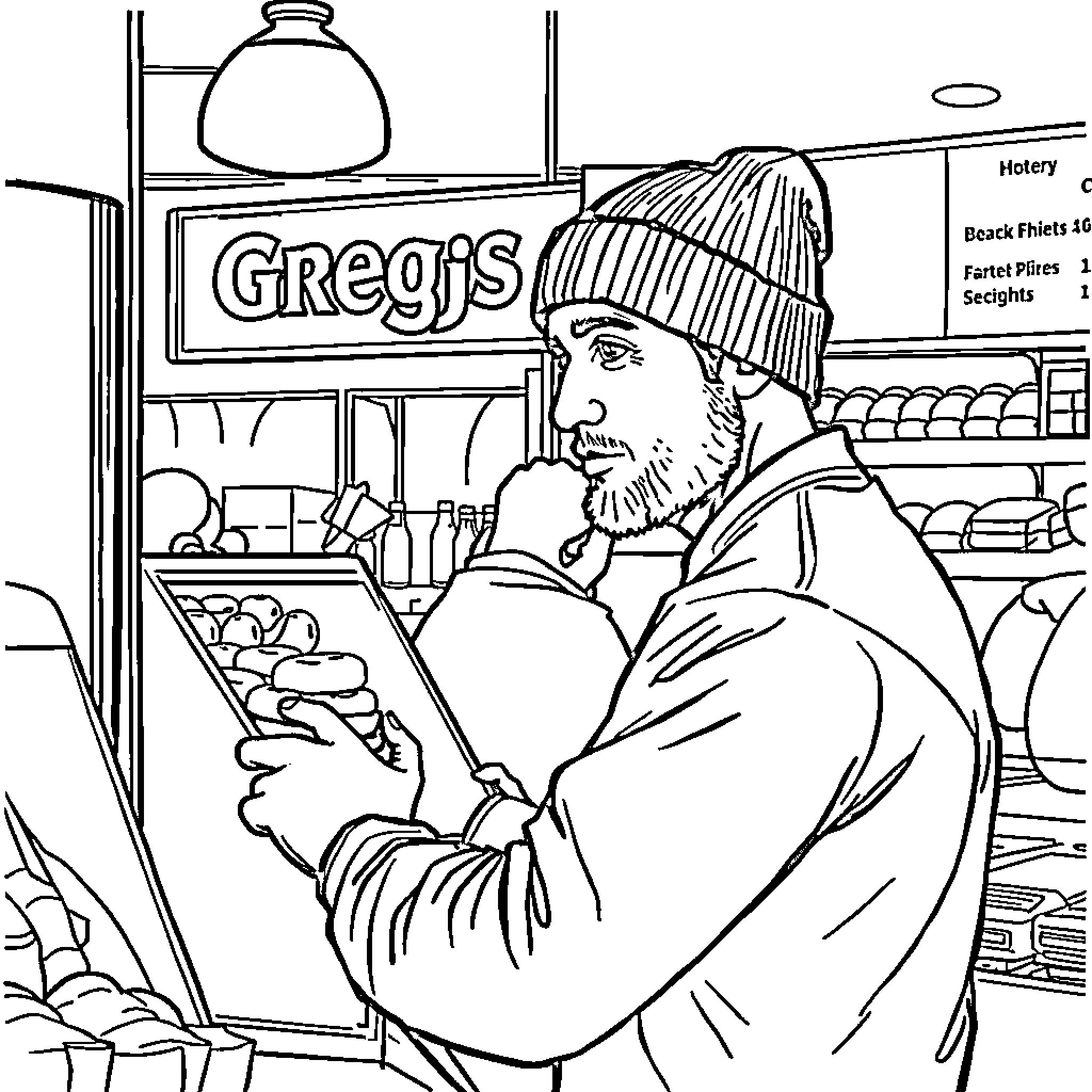 Man shopping at the convenience store Coloring Page (free black-and-white line drawing printable PDF for all, from beginners to advanced learners, including children, teens, adults, and seniors)