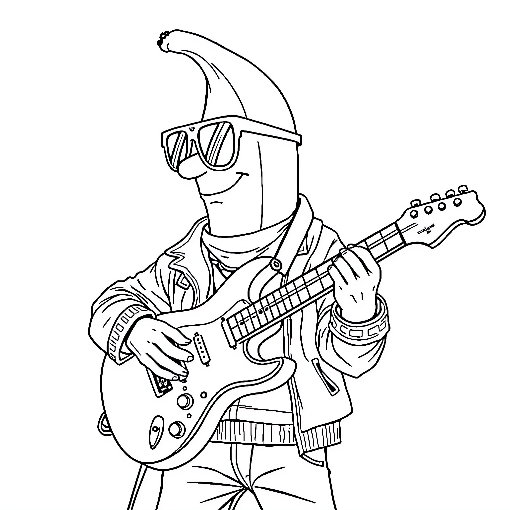 Banana playing guitar and wearing sunglasses Coloring Page (free black-and-white line drawing printable PDF for all, from beginners to advanced learners, including children, teens, adults, and seniors)