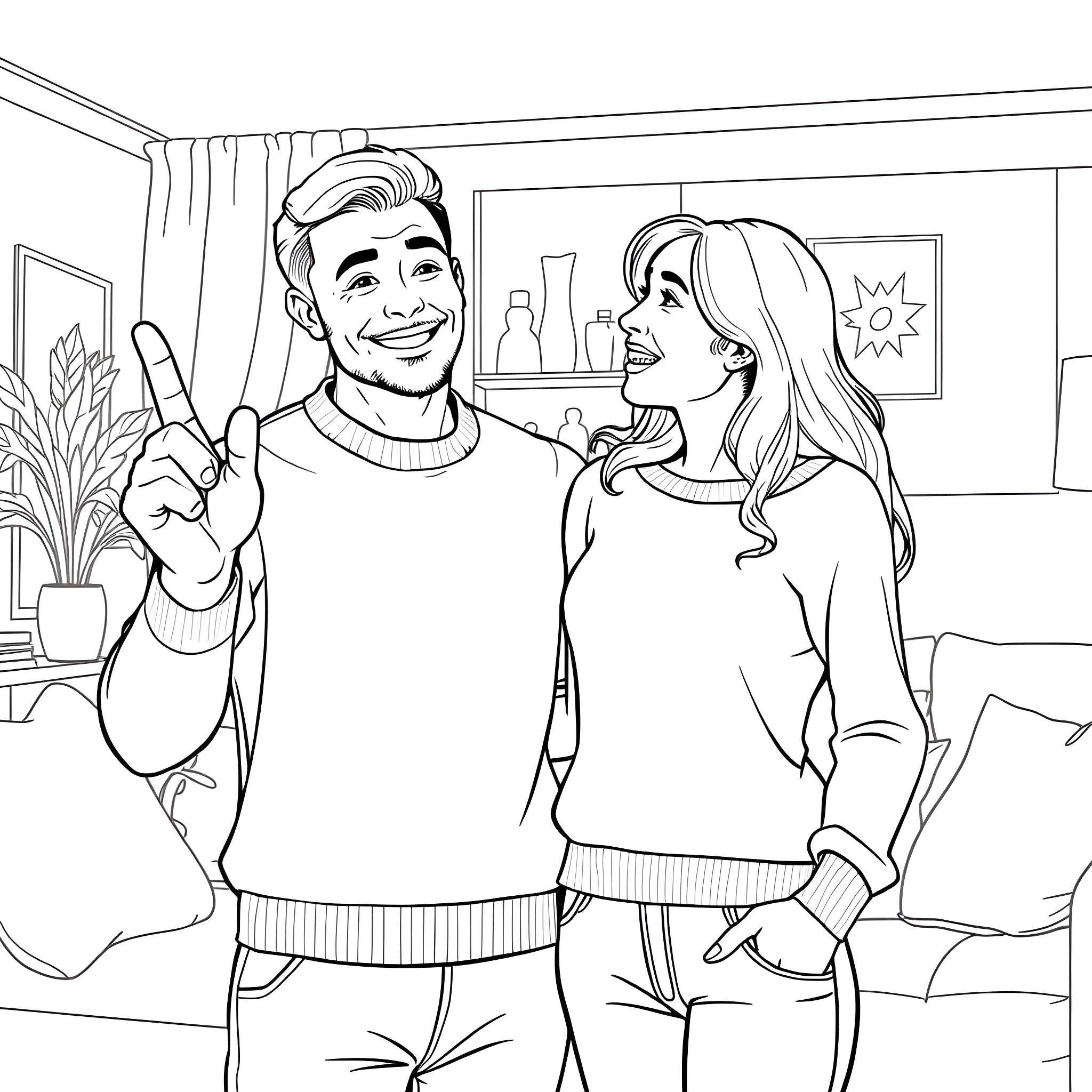 Husband and wife enjoying a playful moment at home Coloring Page (free black-and-white line drawing printable PDF for all, from beginners to advanced learners, including children, teens, adults, and seniors)