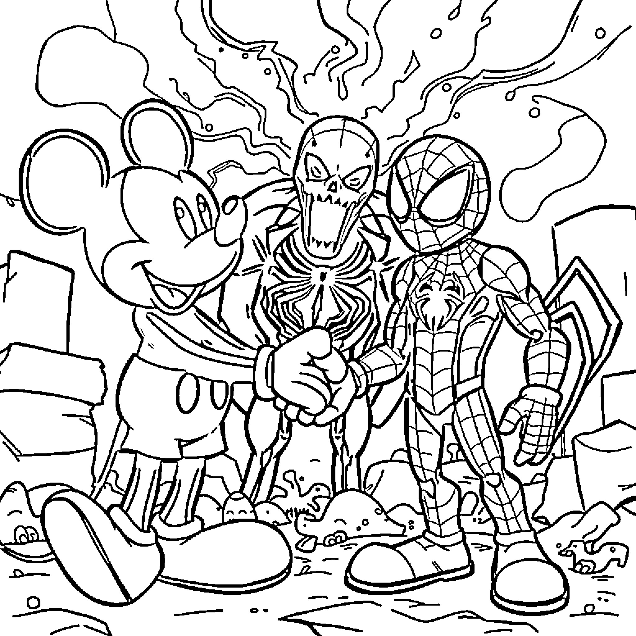Mickey Mouse and Spiderman battle a fearsome creature Coloring Page (free black-and-white line drawing printable PDF for all, from beginners to advanced learners, including children, teens, adults, and seniors)