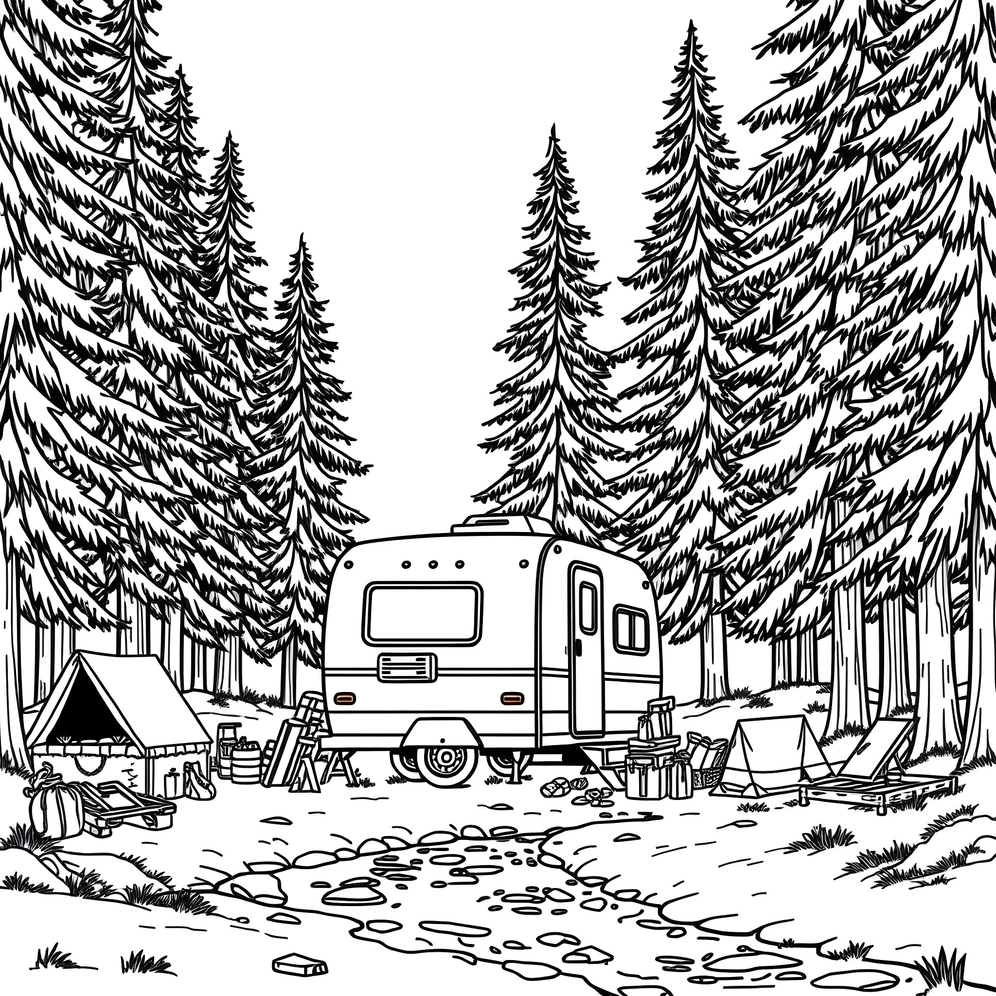 Trailer of camping in a forest Coloring Page (free black-and-white line drawing printable PDF for all, from beginners to advanced learners, including children, teens, adults, and seniors)