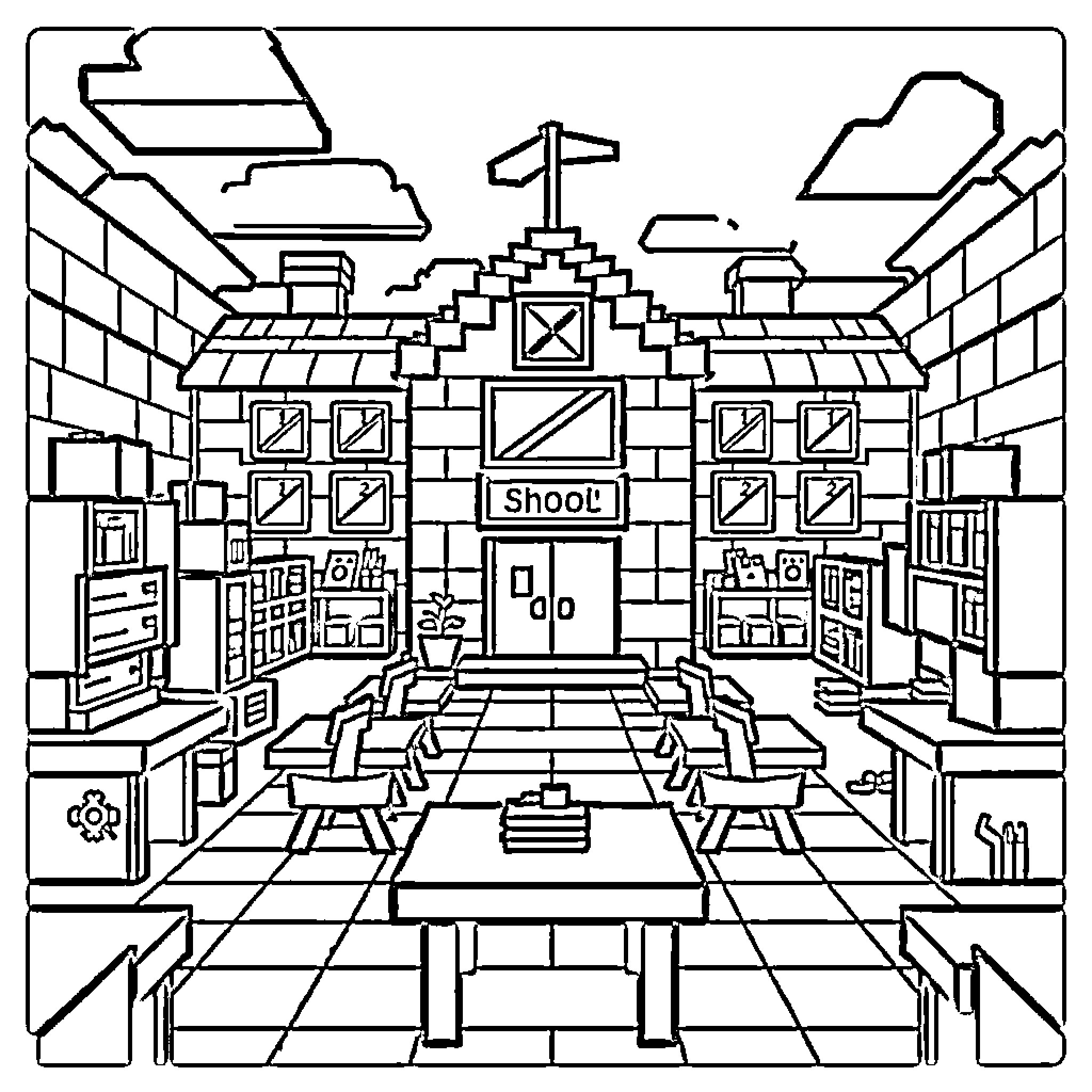 Minecraft school building with classrooms and lockers Coloring Page (free black-and-white line drawing printable PDF for all, from beginners to advanced learners, including children, teens, adults, and seniors)