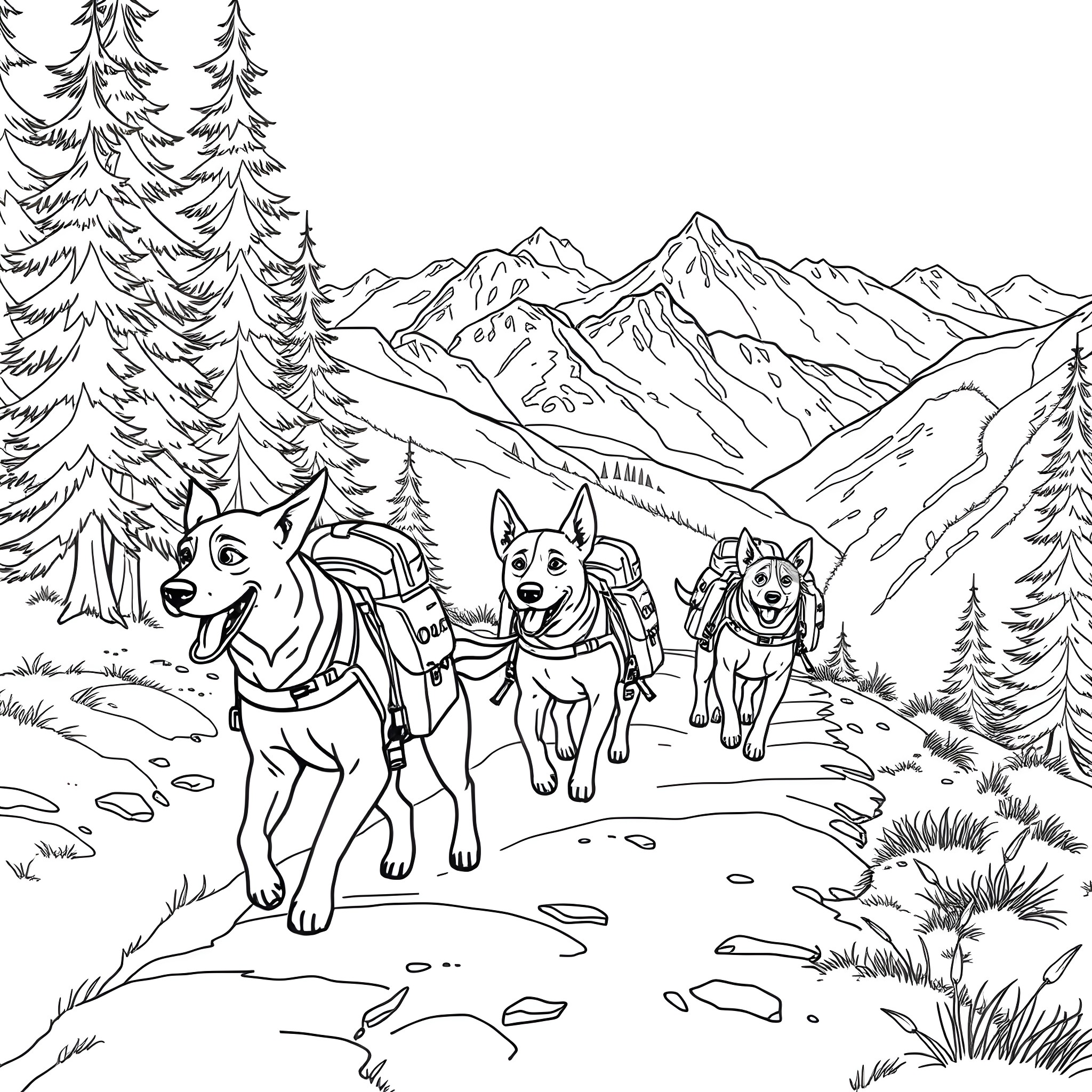 Dogs Trekking in the Snowy Mountains Coloring Page (free black-and-white line drawing printable PDF for all, from beginners to advanced learners, including children, teens, adults, and seniors)