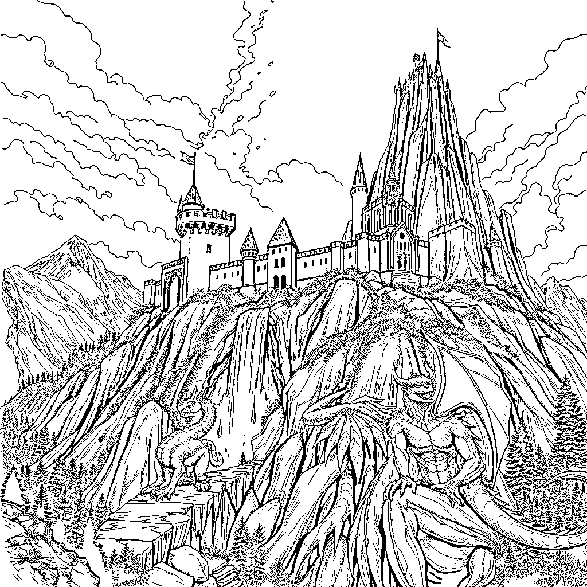 Castillo of Fantastical Enchantment and Adventure Coloring Page (free black-and-white line drawing printable PDF for all, from beginners to advanced learners, including children, teens, adults, and seniors)