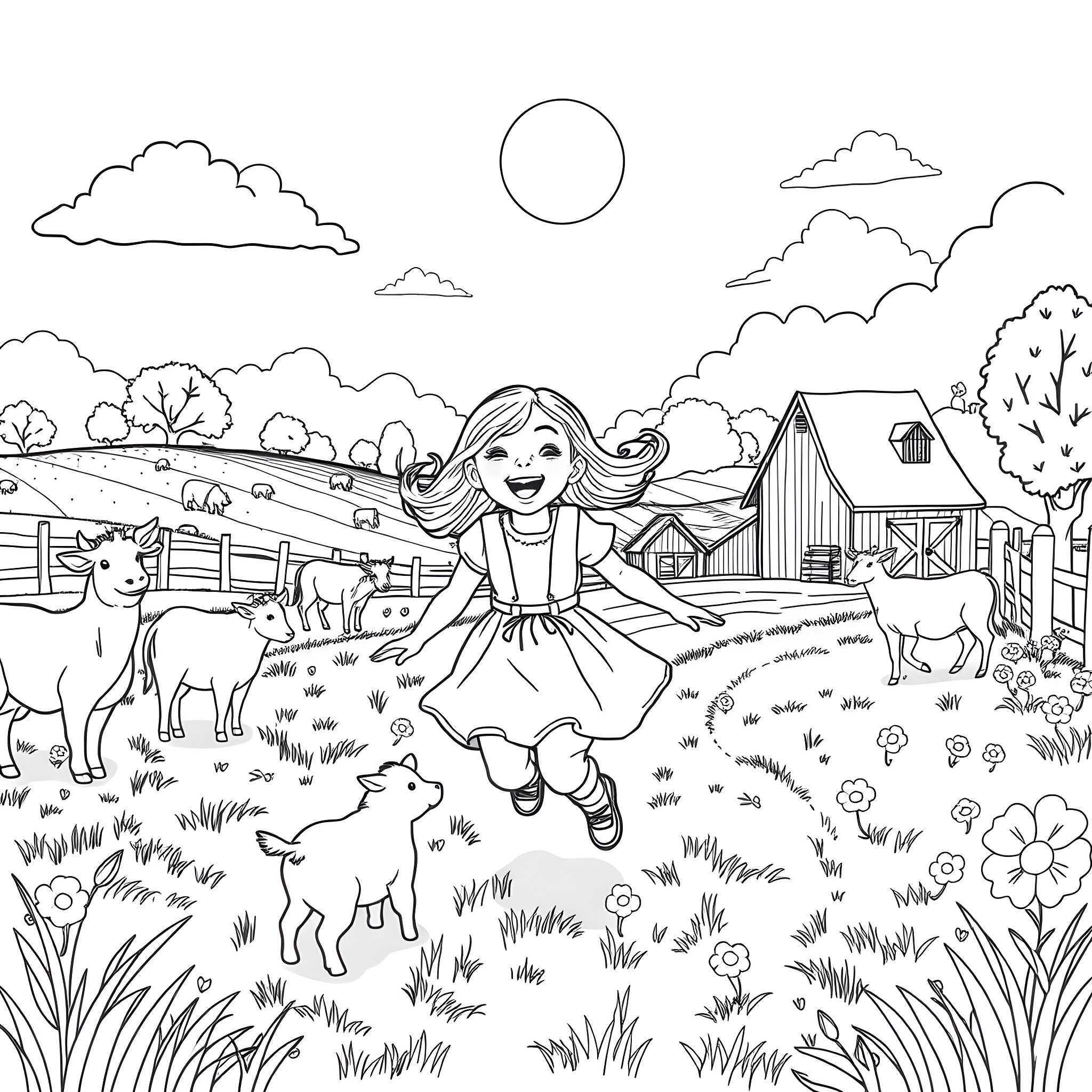 Girl Frolicking Joyfully with Farm Animals Coloring Page (free black-and-white line drawing printable PDF for all, from beginners to advanced learners, including children, teens, adults, and seniors)
