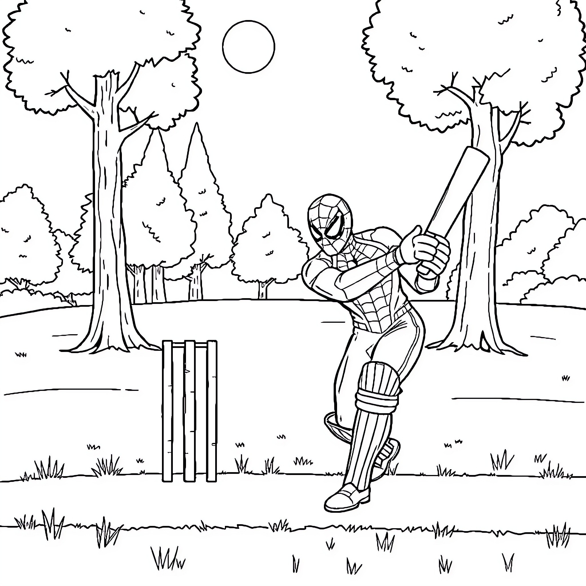 Spiderman playing cricket in the forest Coloring Page (free black-and-white line drawing printable PDF for all, from beginners to advanced learners, including children, teens, adults, and seniors)