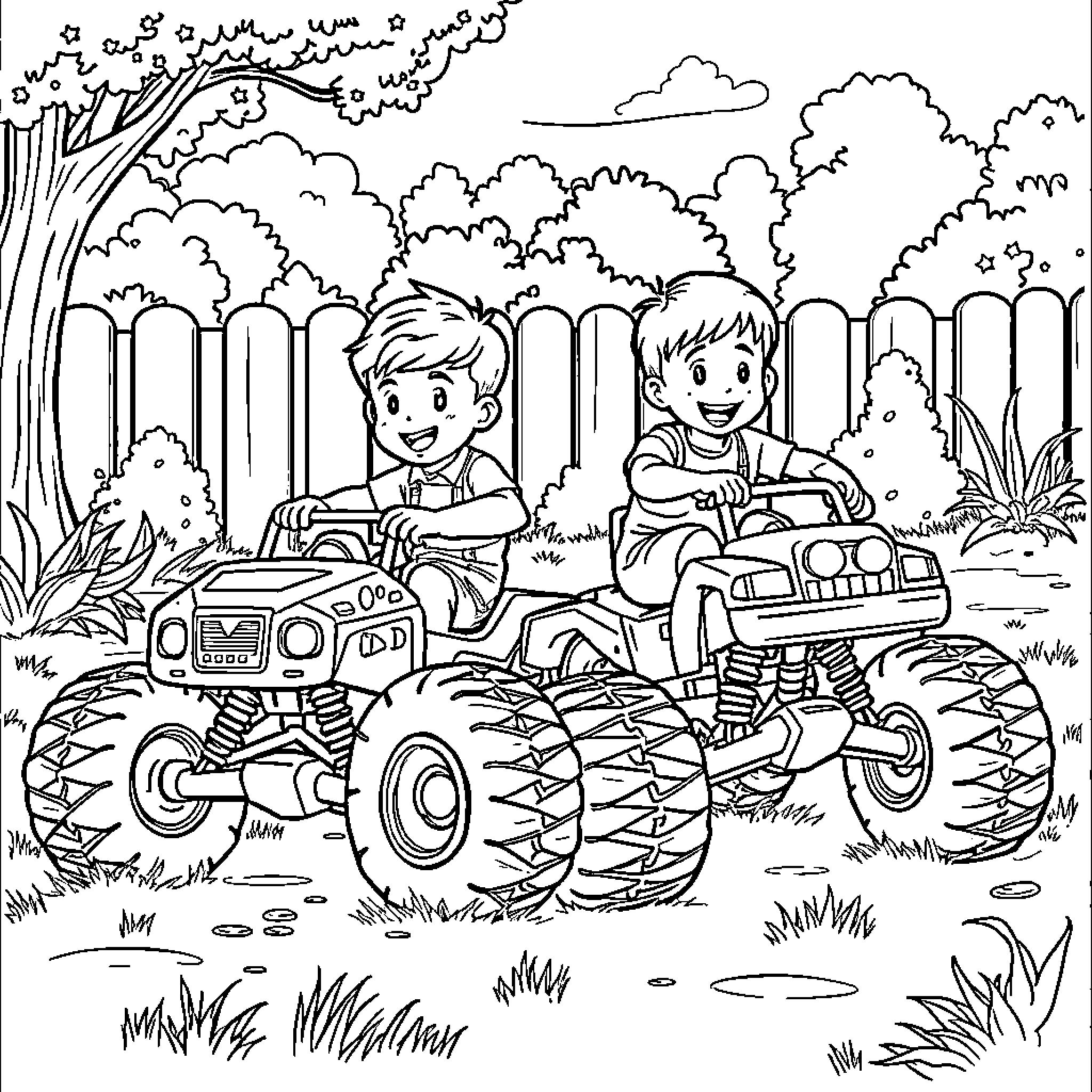 Monster Truck Adventure in the Outdoors Coloring Page (free black-and-white line drawing printable PDF for all, from beginners to advanced learners, including children, teens, adults, and seniors)