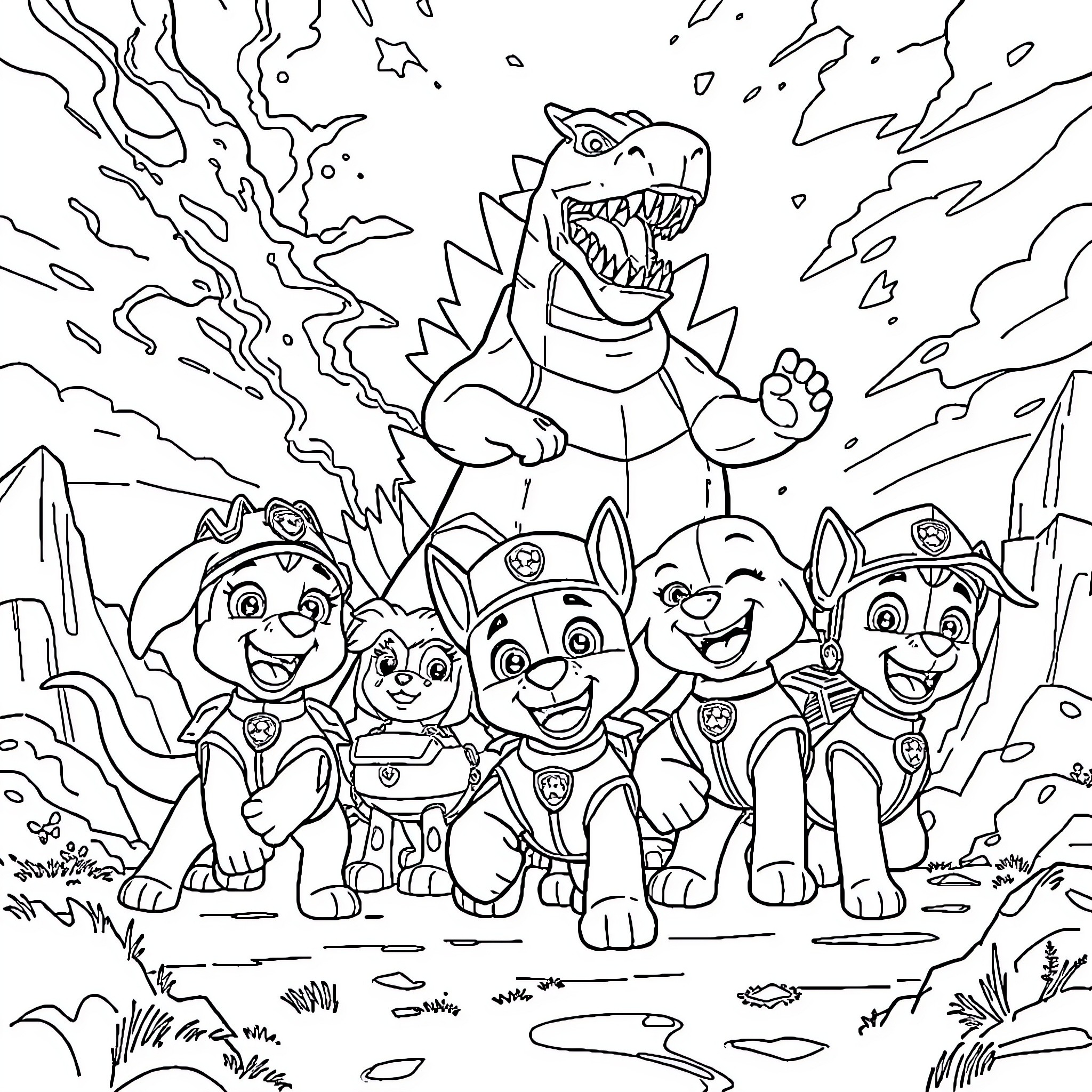 Paw Patrol Heroic Pups Facing Fearsome Dinosaur Coloring Page (free black-and-white line drawing printable PDF for all, from beginners to advanced learners, including children, teens, adults, and seniors)