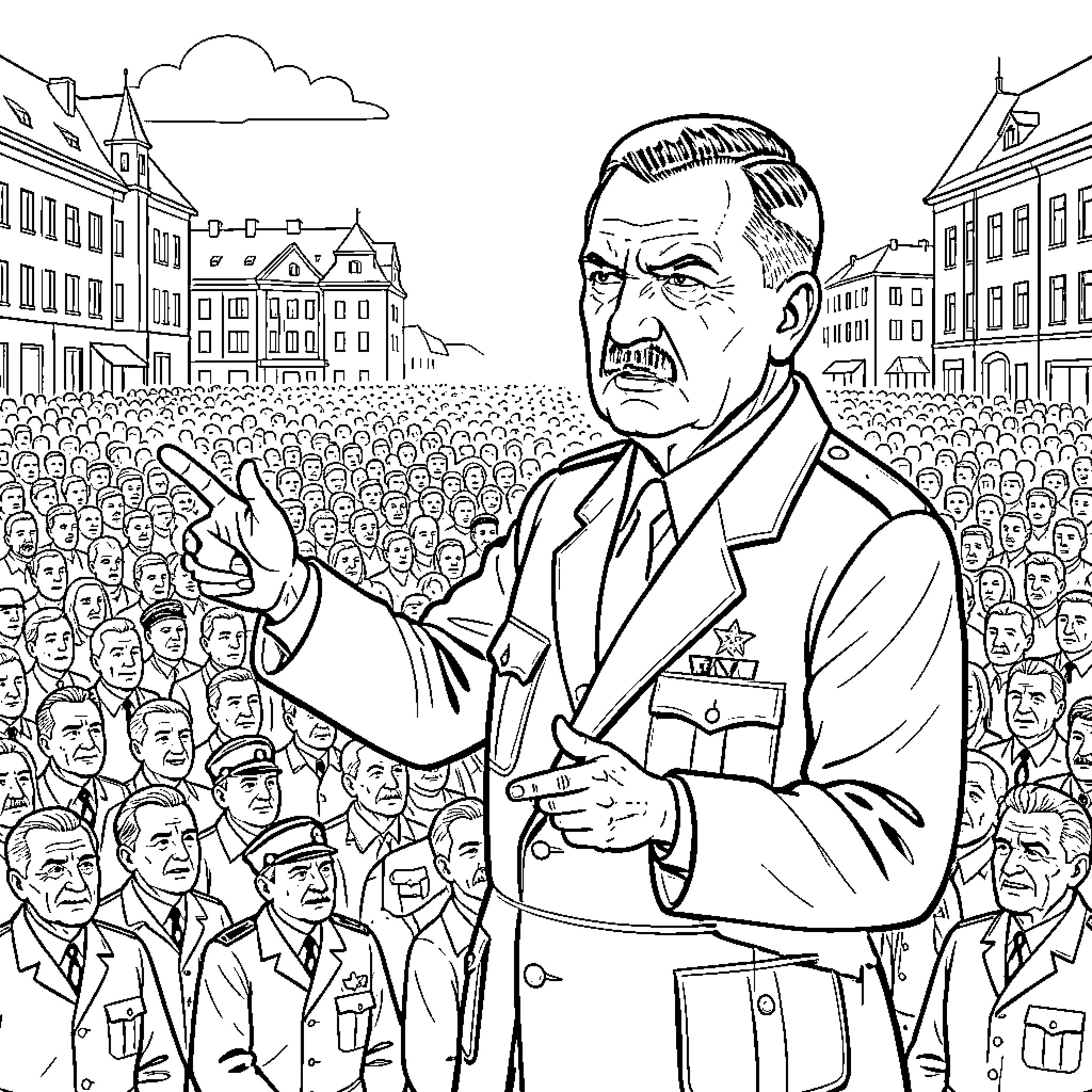 Adolf Hitler addressing a large crowd in uniform Coloring Page (free black-and-white line drawing printable PDF for all, from beginners to advanced learners, including children, teens, adults, and seniors)