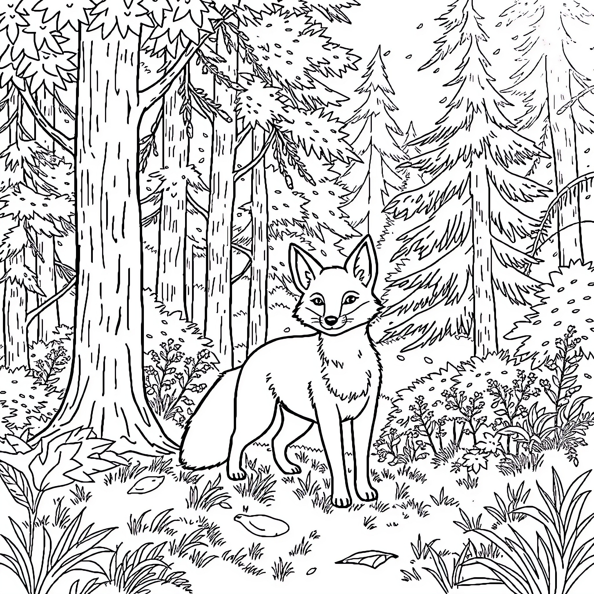 Fox wandering in the mysterious forest Coloring Page (free black-and-white line drawing printable PDF for all, from beginners to advanced learners, including children, teens, adults, and seniors)