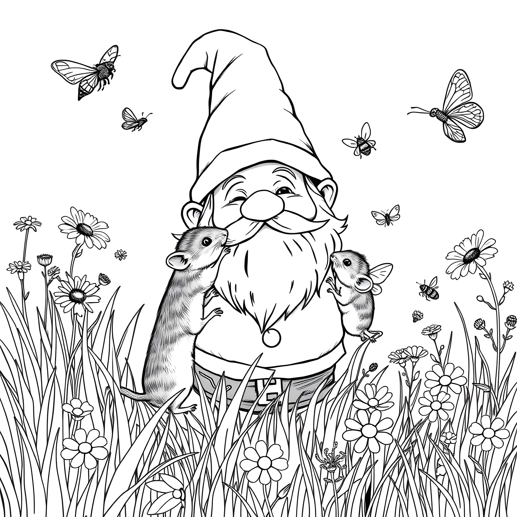 Mouse Gnome with Animal Friends in the Garden Coloring Page (free black-and-white line drawing printable PDF for all, from beginners to advanced learners, including children, teens, adults, and seniors)