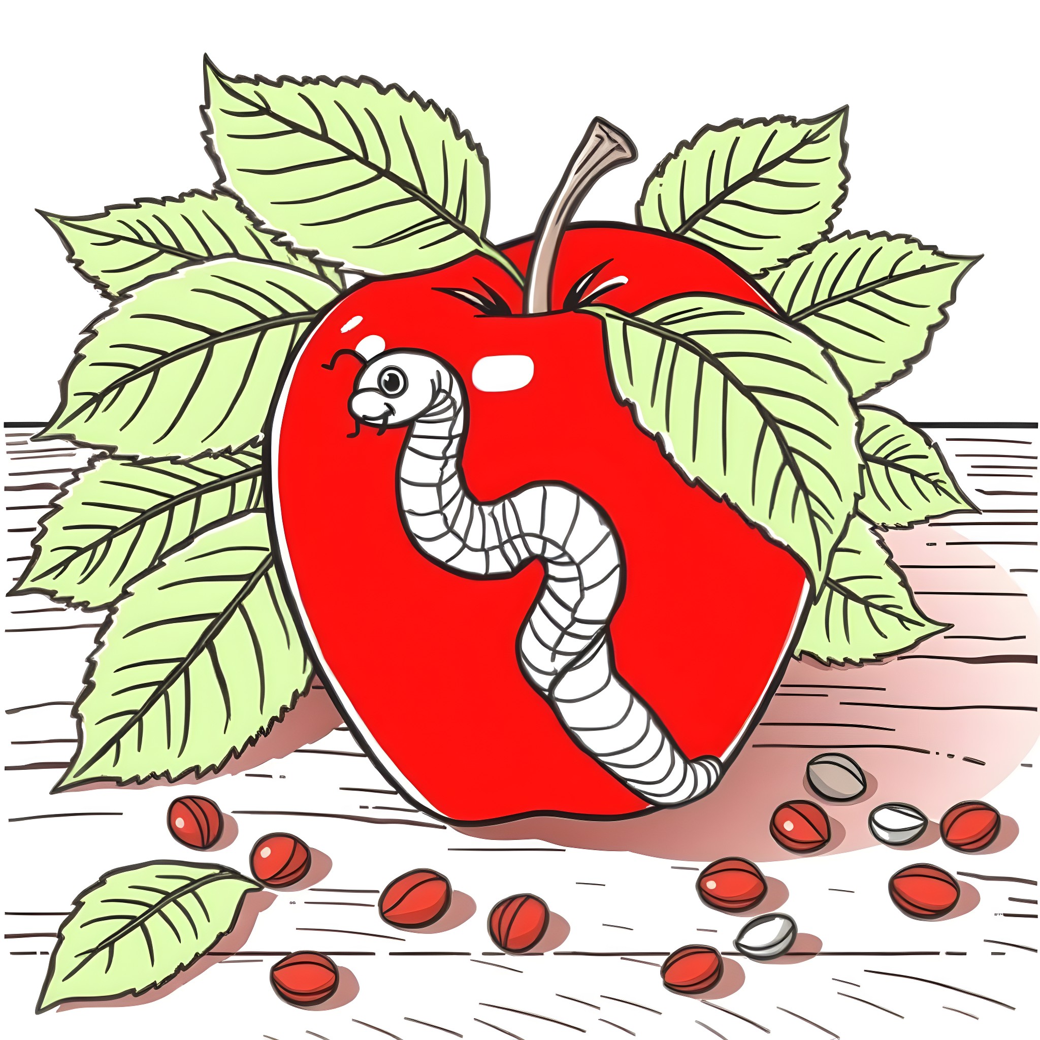 Worm popping out of an apple with leaves Coloring Page (free black-and-white line drawing printable PDF for all, from beginners to advanced learners, including children, teens, adults, and seniors)